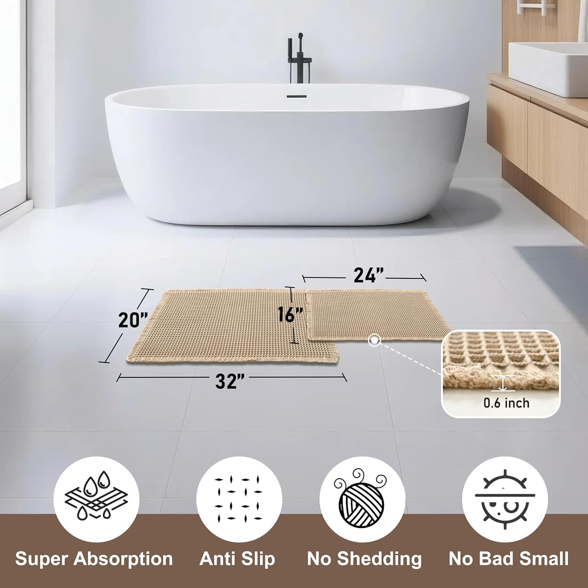 JIUZHEN Set of 2 Waffle Bath Mats Boho Bath Rugs 16"x24"+20"x32", Brown