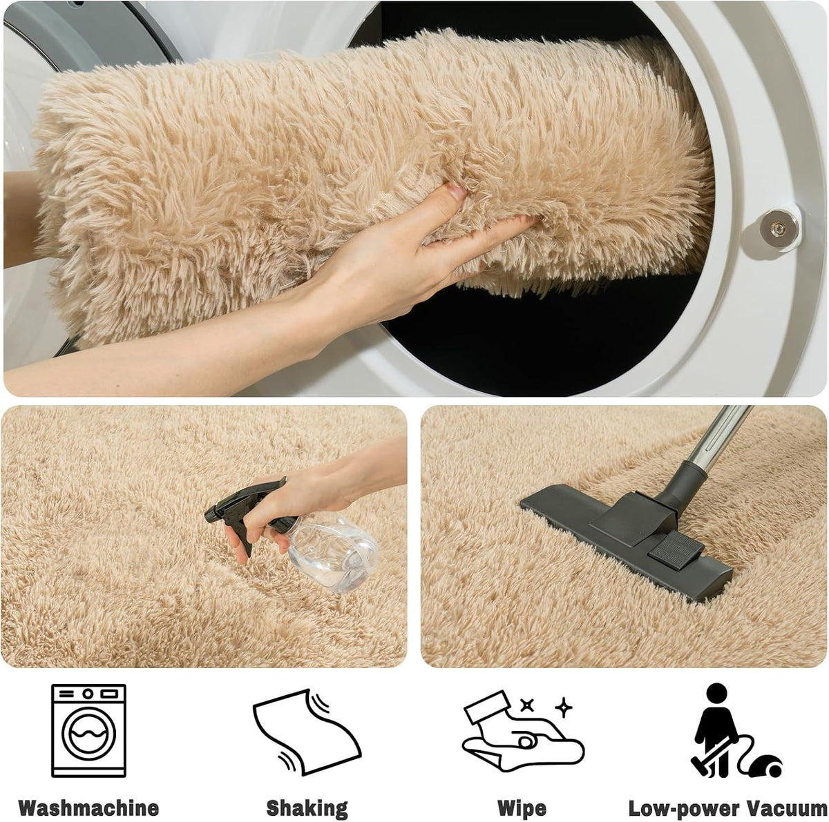 Soft Oval Beige Fluffy Rugs for Bedroom Washable Non-Slip, Set of 2