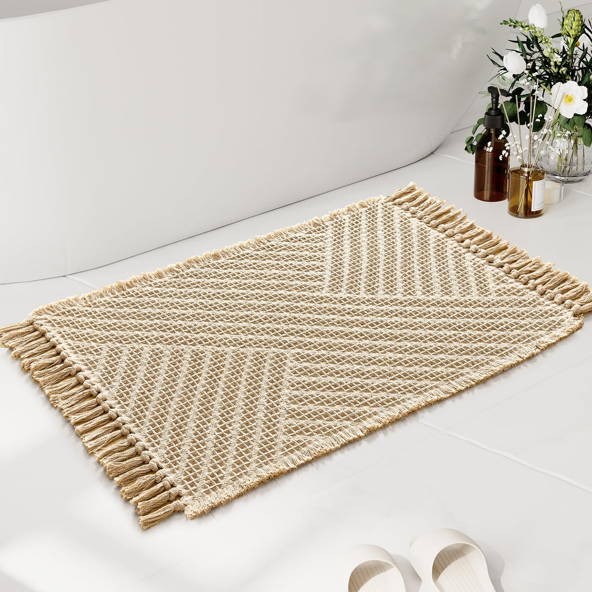 H.VERSAILTEX Waffle Bath Mat Super Absorbent Boho Bath Mat Non Slip Bath Rugs for Bathroom Floor Machine Washable Dry Fast Bathroom Rugs with Tassels, 24" x 36", Ivory White