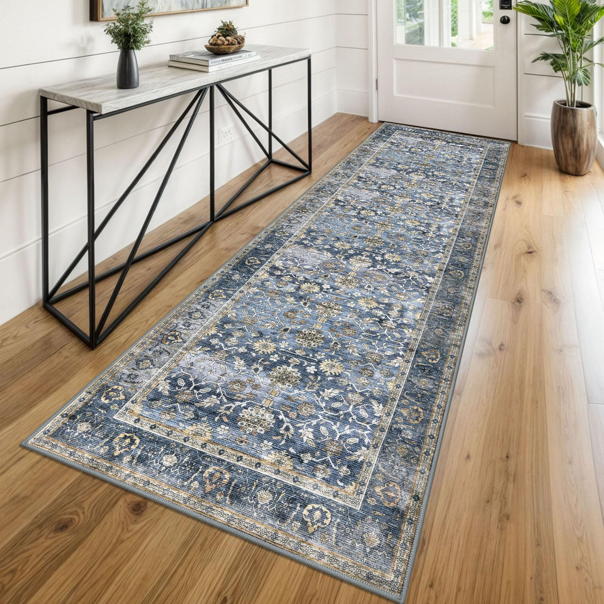 KUTA Vintage Floral Washable 2x3 Rugs for Entryway Blue Grey Beige