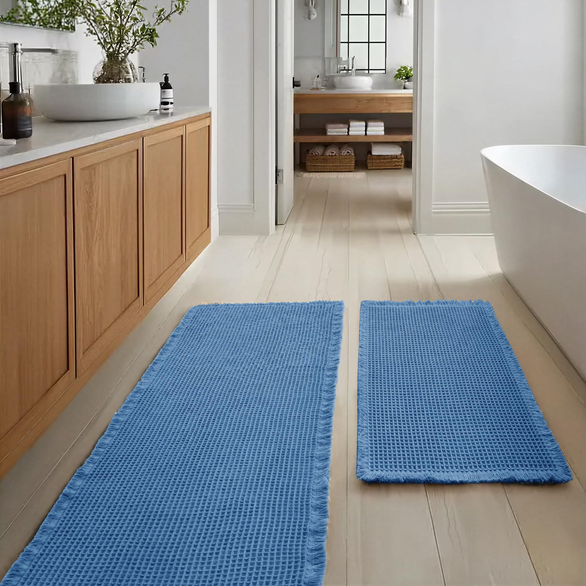 JIUZHEN Set of 2 Waffle Bath Mats Boho Bath Rugs 16"x24"+20"x32", Brown
