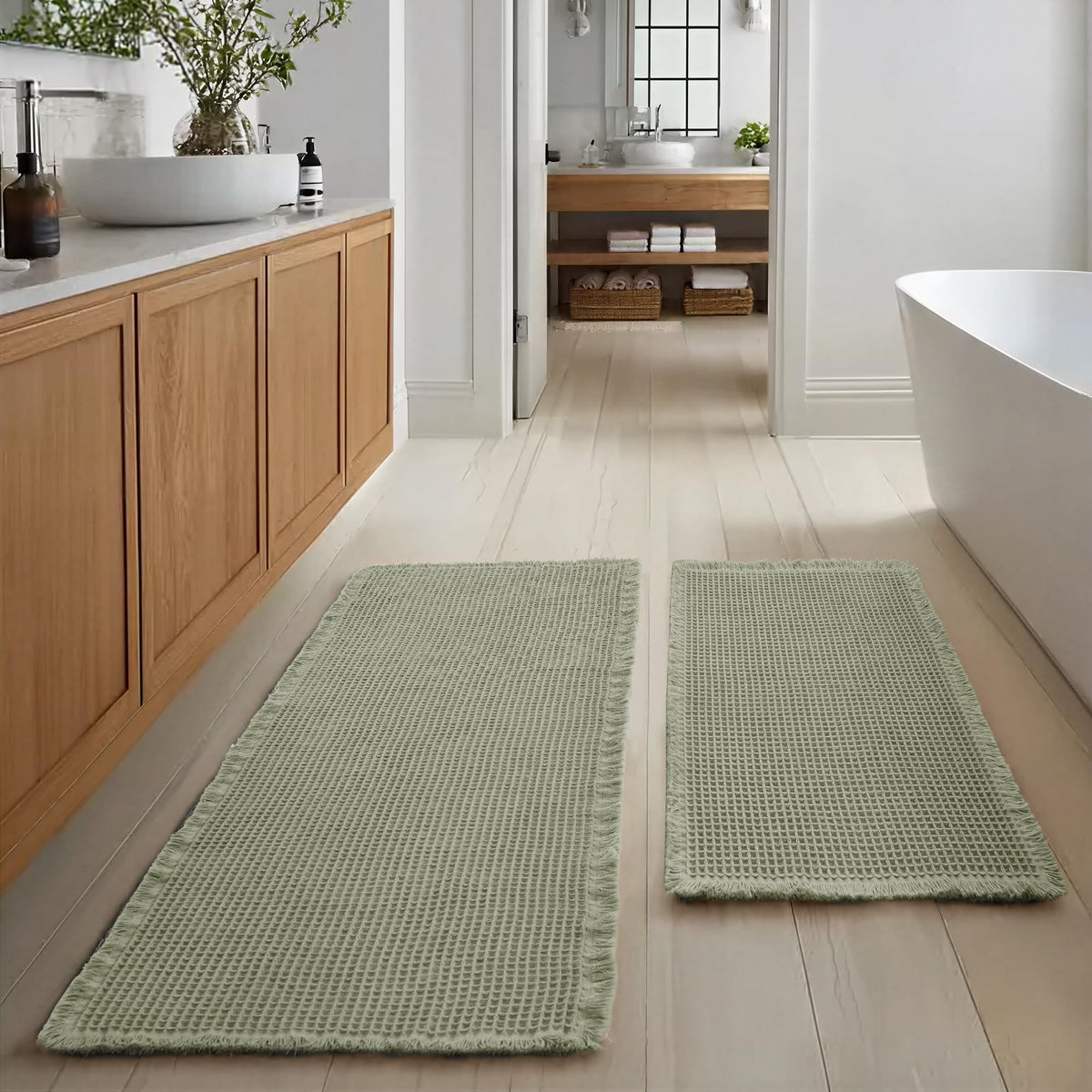 JIUZHEN Set of 2 Waffle Bath Mats Boho Bath Rugs 16"x24"+20"x32", Brown