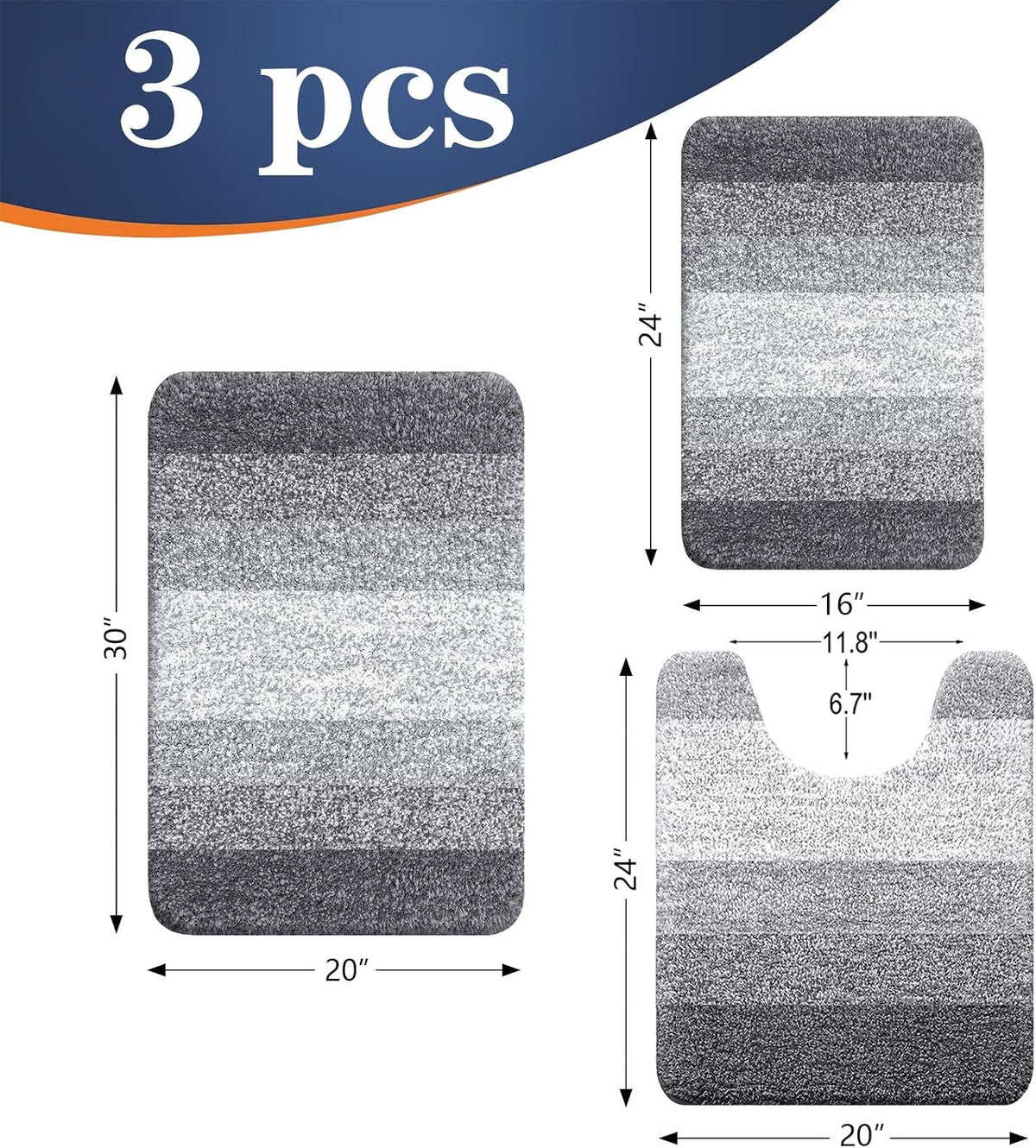 OLANLY Microfiber Bathroom Rugs Sets 3 Piece, Absorbent Bath Mats, Grey