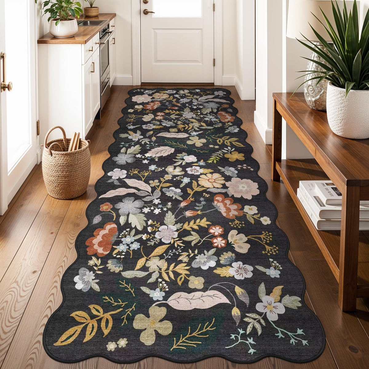2x4 Rug Washable for Entryway - Non-Slip Scalloped Floral Throw Rug Black