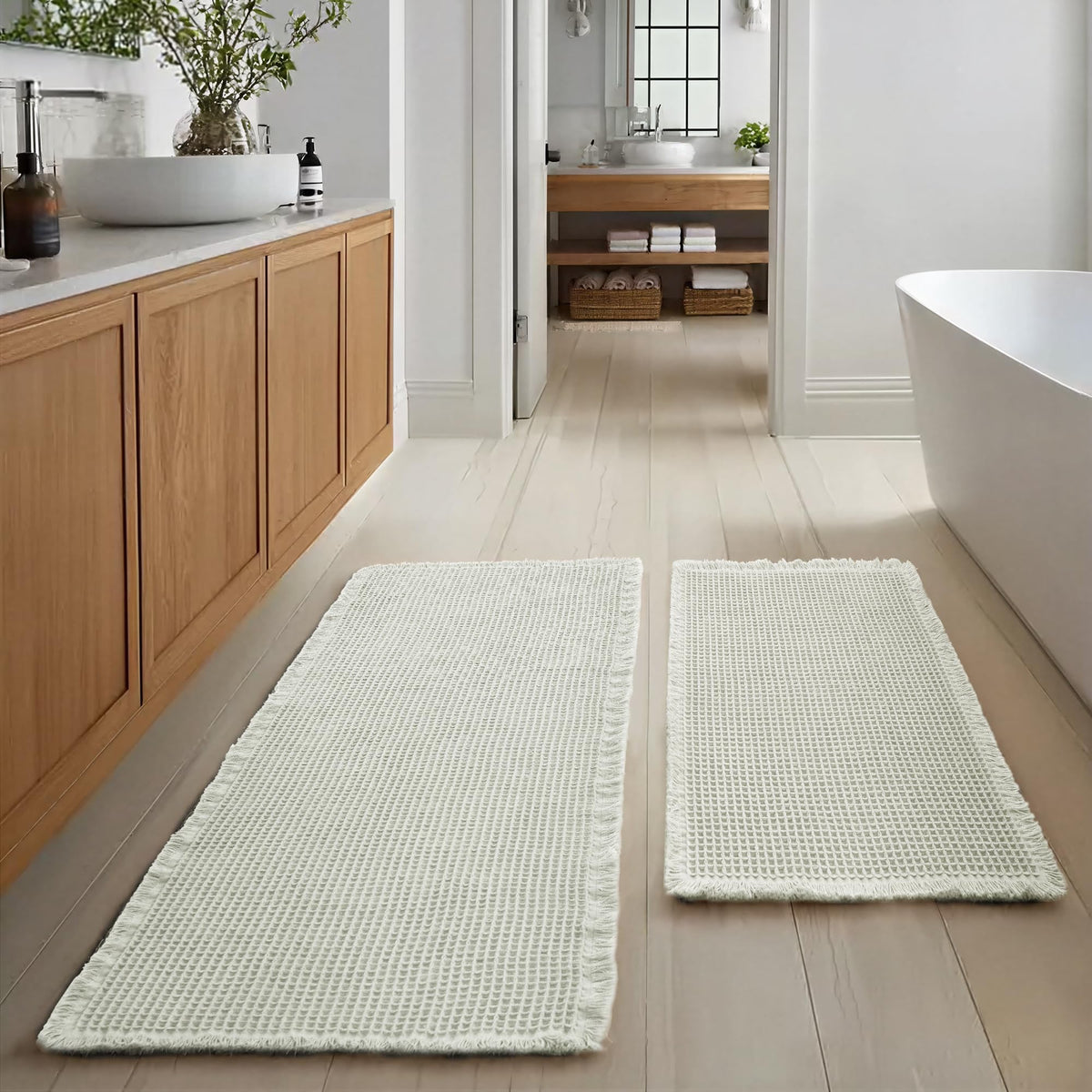 JIUZHEN Set of 2 Waffle Bath Mats Boho Bath Rugs 16"x24"+20"x32", Brown