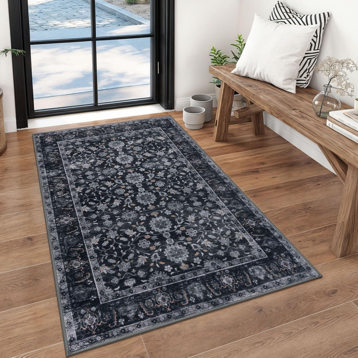 KUTA Vintage Floral Washable 2x3 Rugs for Entryway Blue Grey Beige