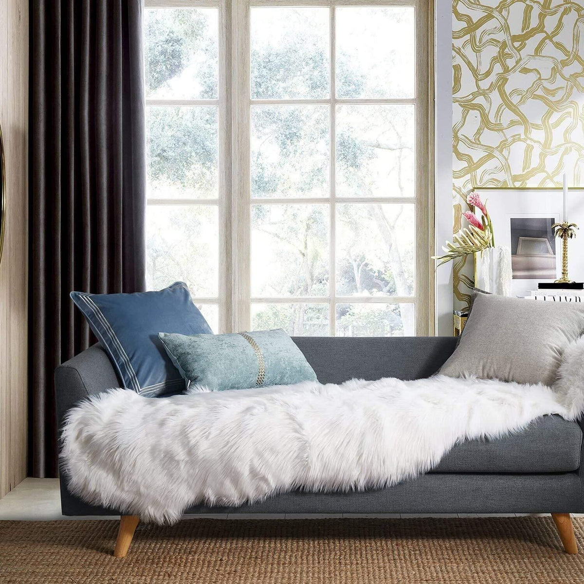 Ashler Faux Fur Rug, White, 2x3 Ft, Machine Washable