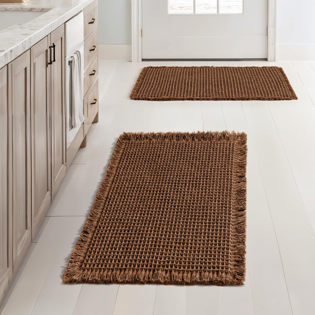 MIULEE Set of 2 Waffle Bathroom Rugs Boho Bath Mat Brown 18x30 Inch