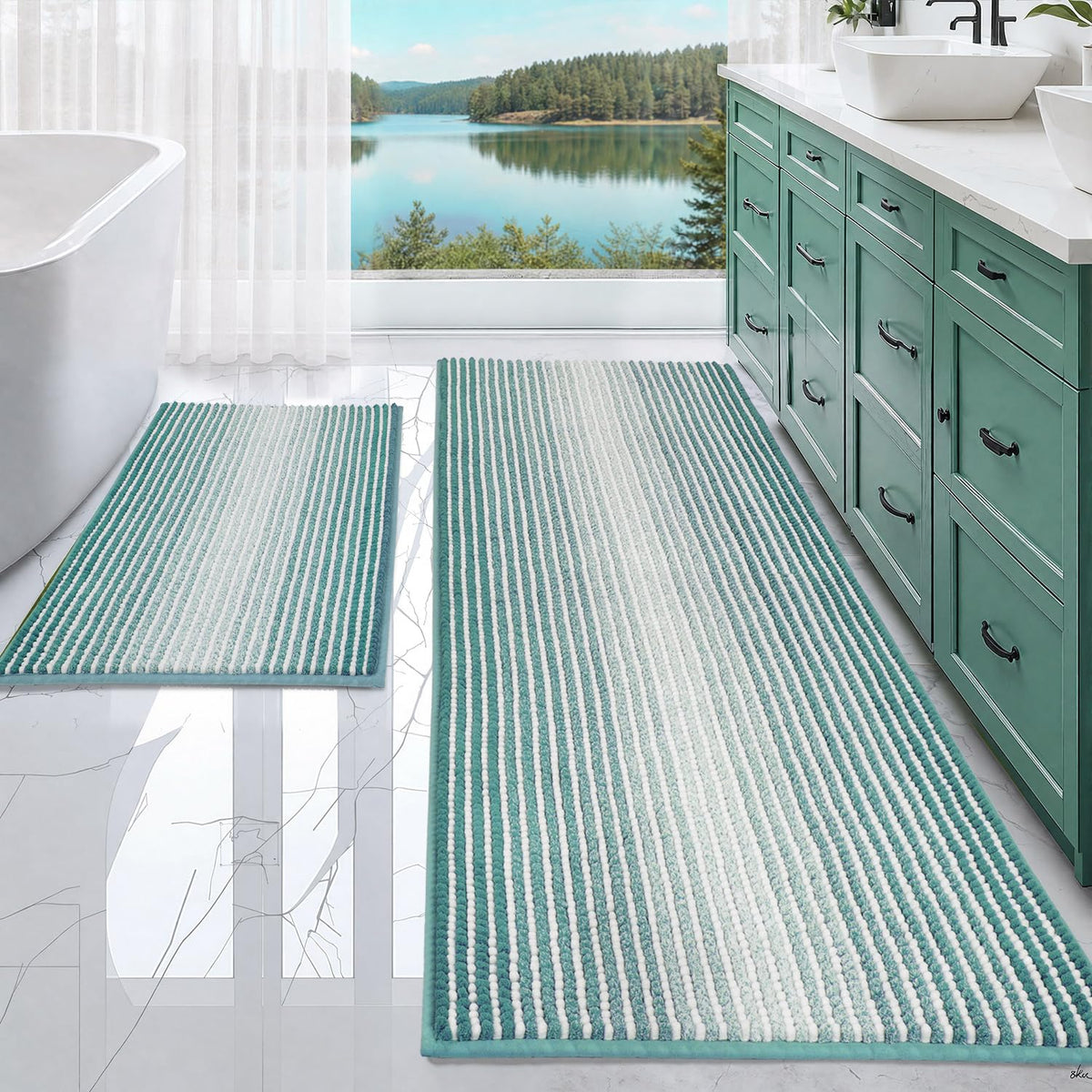 BSICPRO Bathroom Rugs Sets 2 Piece, Non Slip Striped Bath Mats, Sage