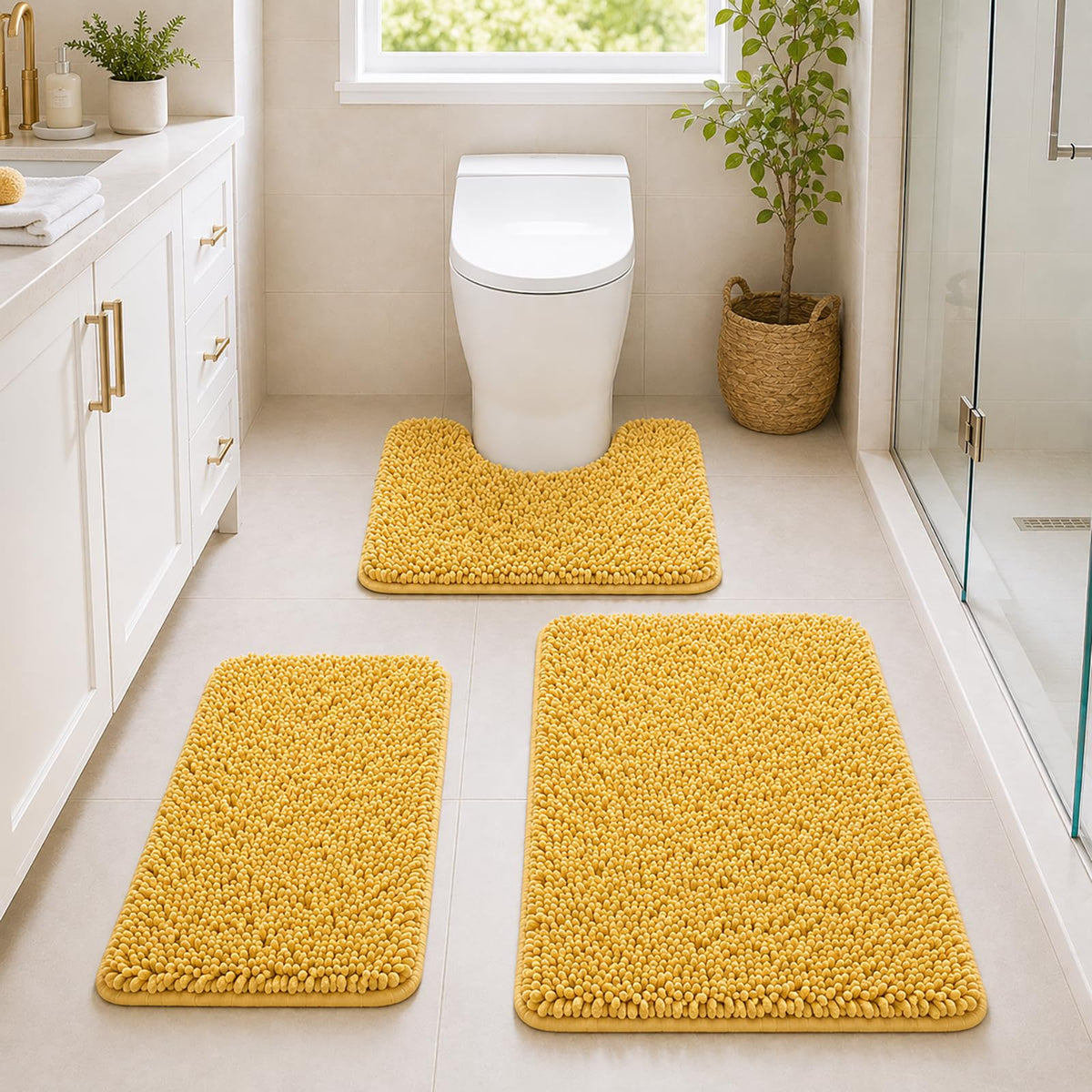 Bathroom Rugs Set Non Slip 3 Piece Bath Mat Washable Chenille Bath Rugs with PVC Backing Bath Carpet,Absorbent Bathroom Mats with Toilet Rug,Bath Mats for Bathroom,Bedroom, Kitchen,Tub,Home Decor