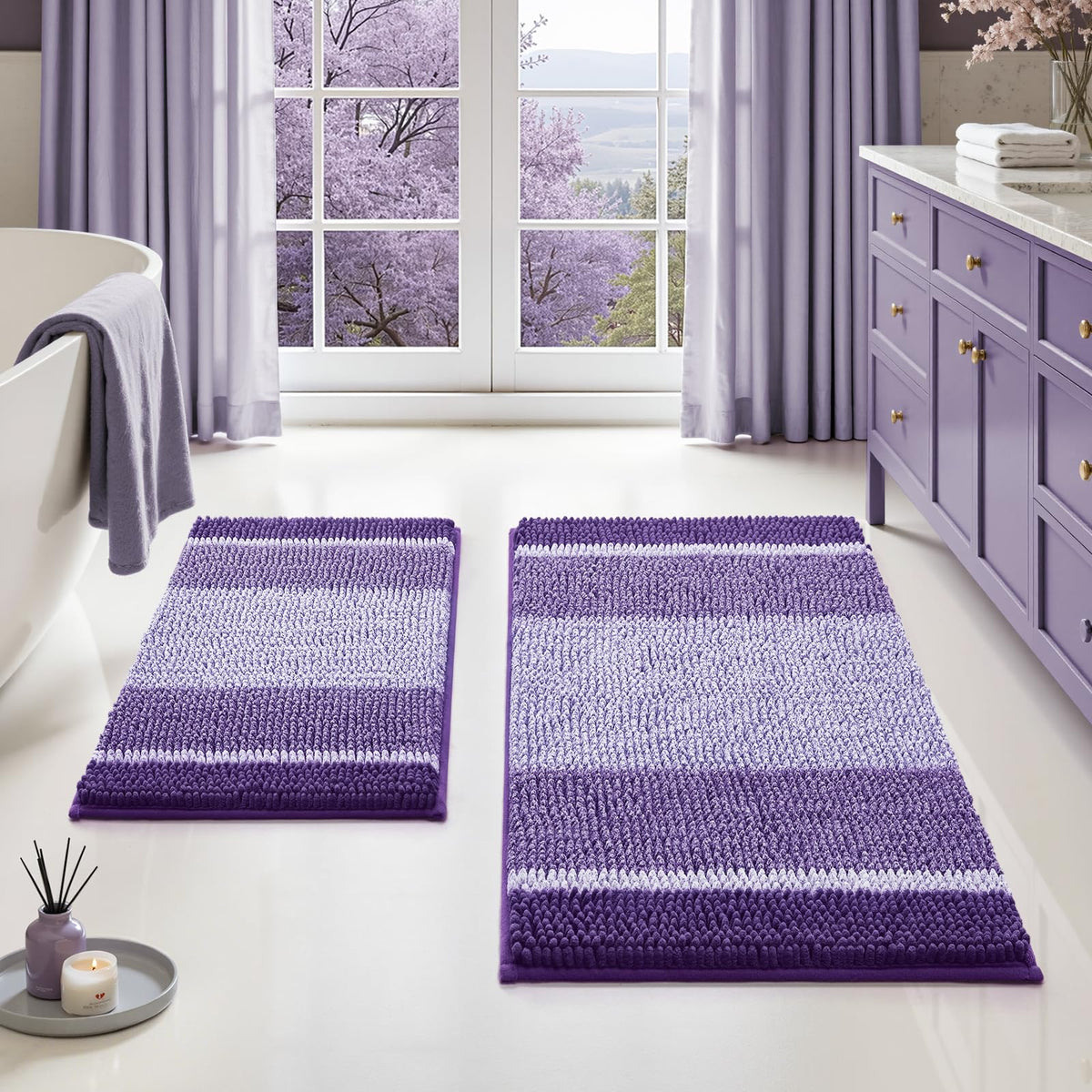 HOMEIDEAS Sage Green Bathroom Rugs Sets 2 Piece Chenille, 20"x32"+17"x24"