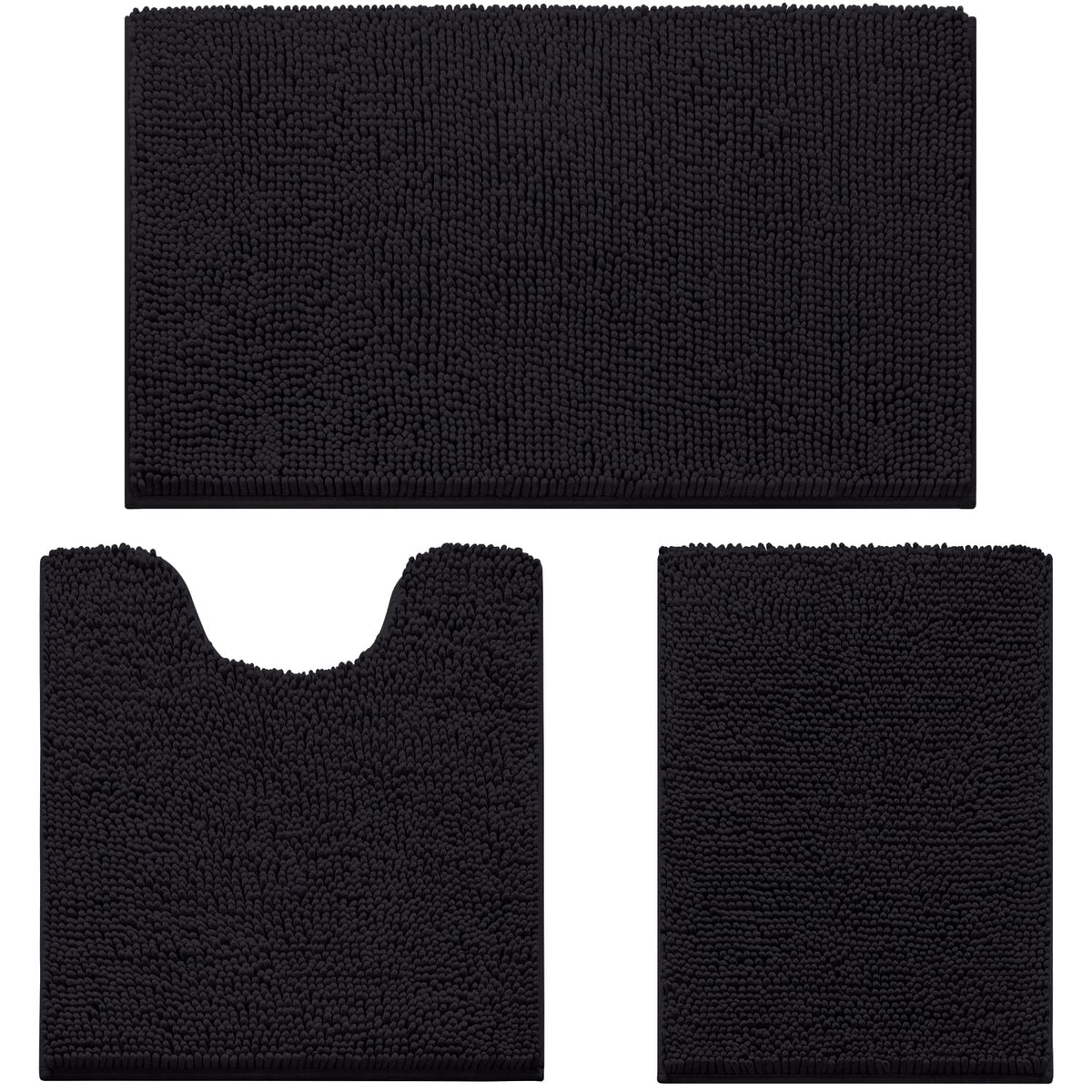 HOMEIDEAS Grey Chenille Bathroom Rugs Set of 3, Non Slip Bath Mat