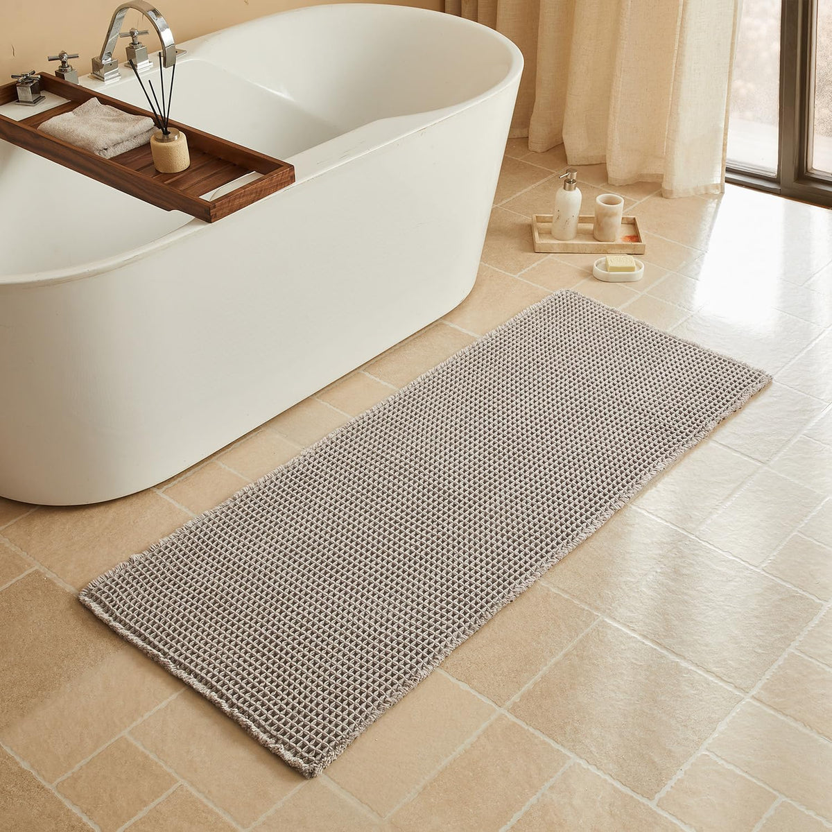 Triohero Waffle Bath Mat, Small Boho Bathroom Rugs Non Slip, 16x24 Khaki