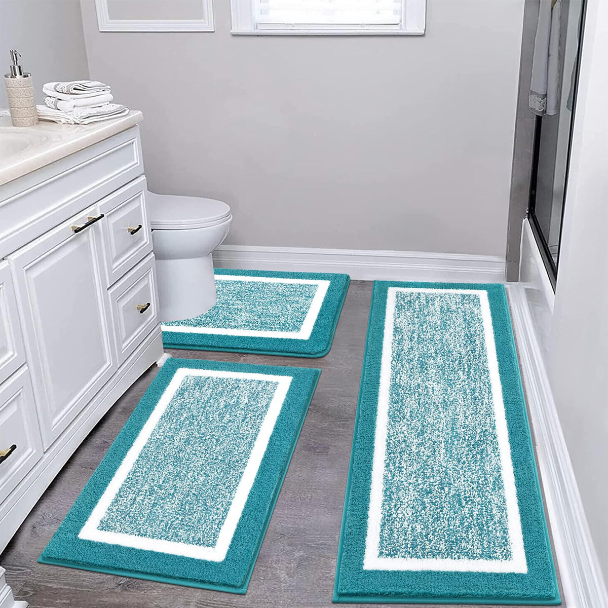 Pauwer Bathroom Rugs 3 Piece Set, Non Slip Washable Bath Mat, Dark Grey