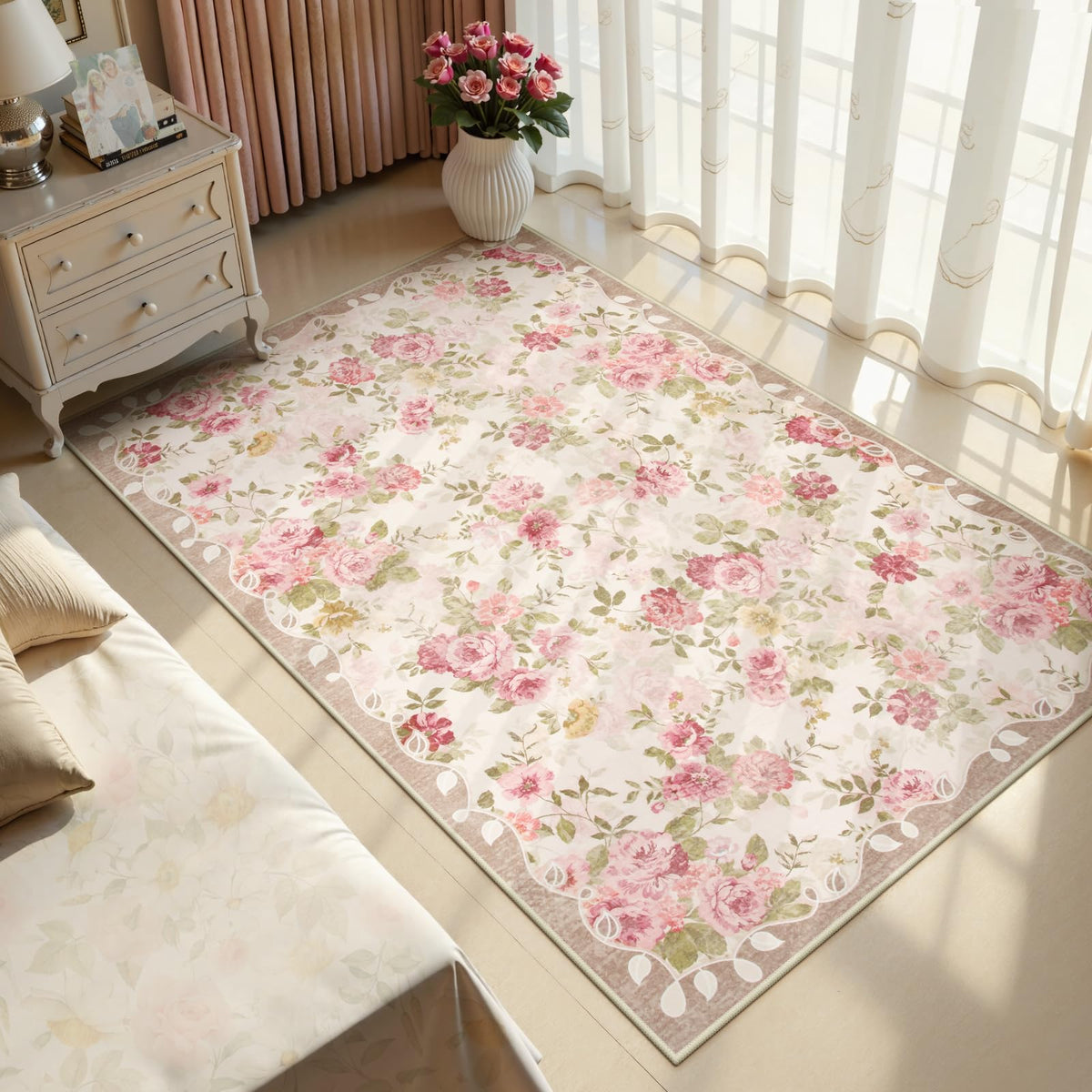 Lahome Floral Pink Bathroom Rug Runners for Hallways Non Slip 2x6