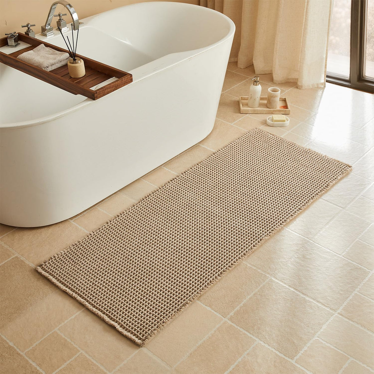 Triohero Waffle Bath Mat, Small Boho Bathroom Rugs Non Slip, 16x24 Khaki
