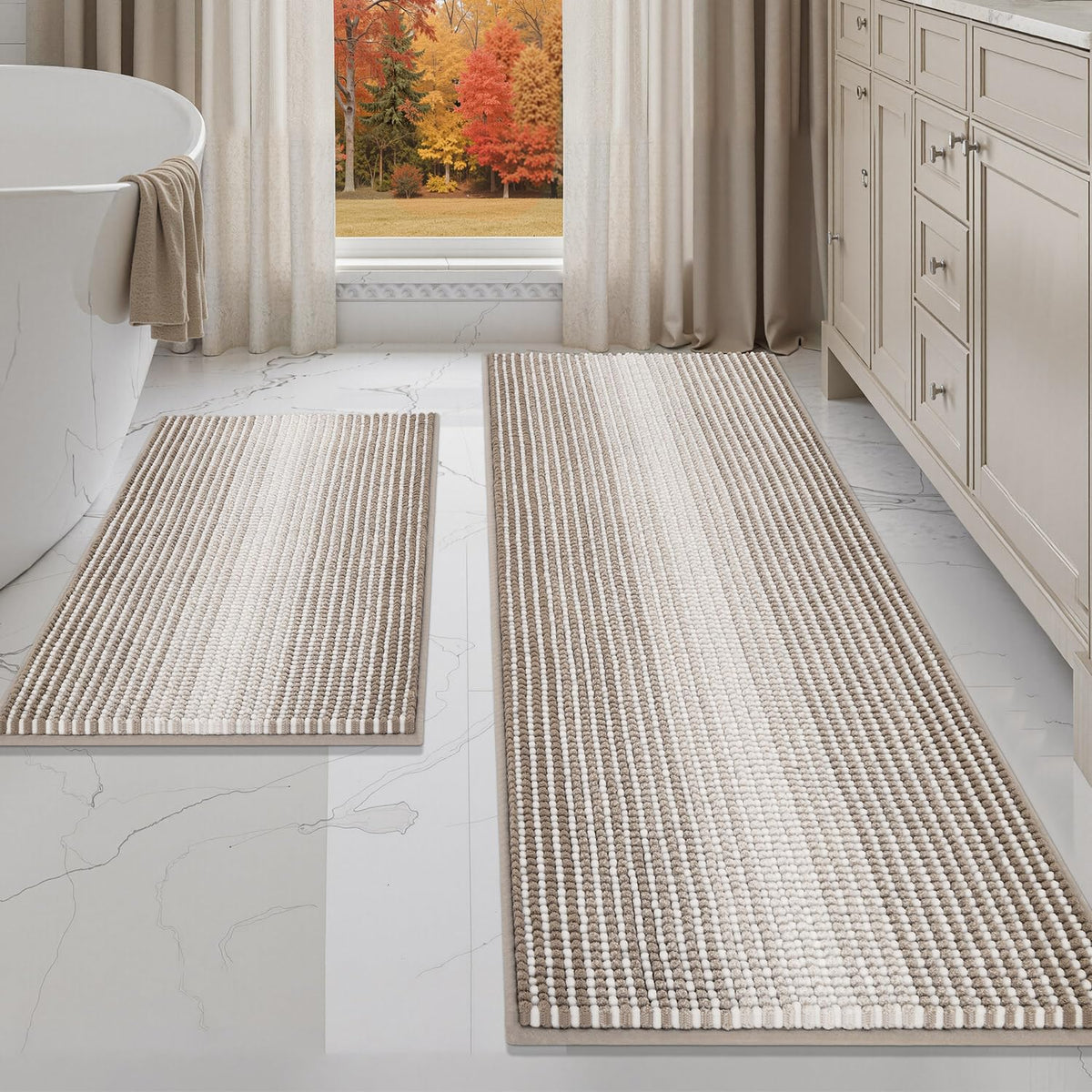 BSICPRO Bathroom Rugs Sets 2 Piece, Non Slip Boho Bath Mats, Beige