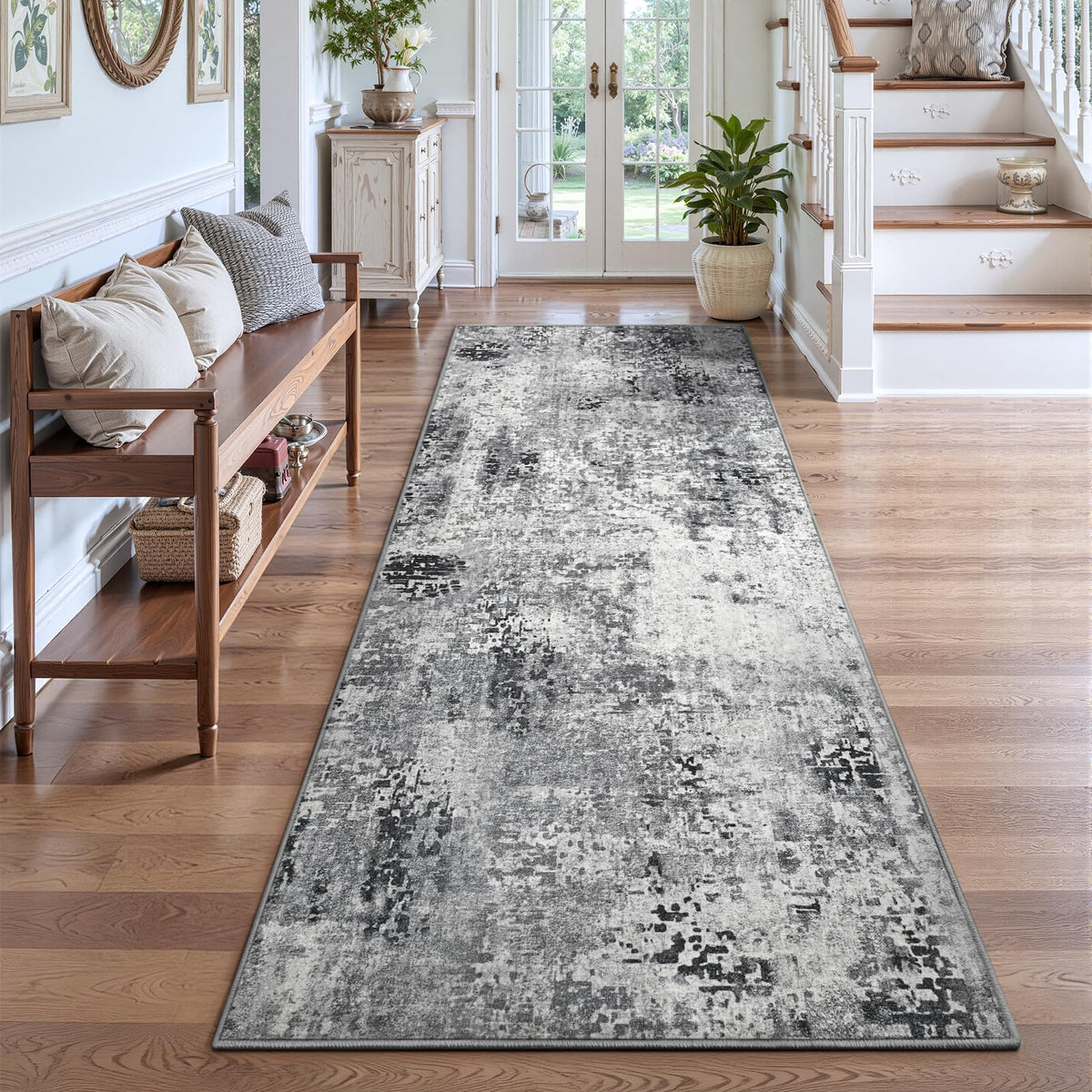 Ompaa 2x6 Rug Runners for Hallways Kitchen Runner Rug Non Slip Washable Grey Long Runner Rugs with Rubber Backing Soft Abstract Carpet Runner for Hallways, Kitchen, Bedroom, Bathroom, Entryway