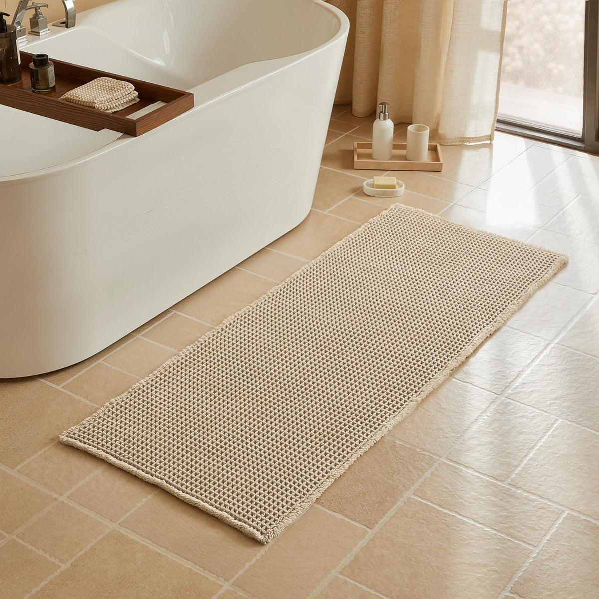Triohero Waffle Bath Mat, Small Boho Bathroom Rugs Non Slip, 16x24 Khaki