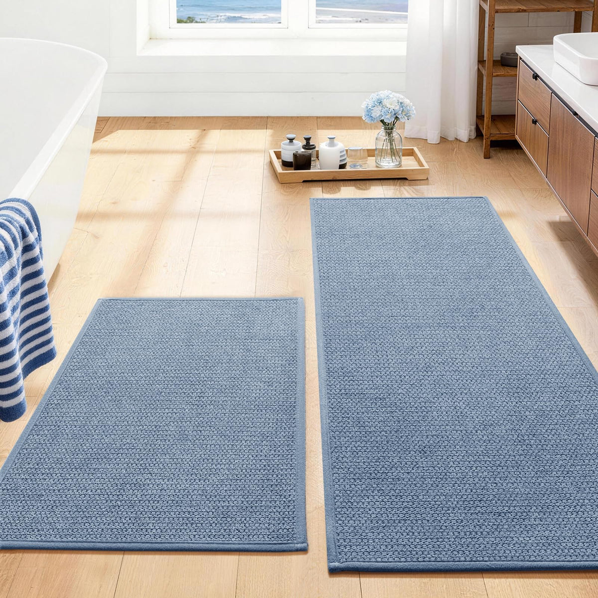 YIHOUSE Gray Bathroom Rugs Sets 3 Piece, Quick Dry Thin Bath Mat with Toilet Rug, Non Slip Absorbent Machine Washable, Bath Runner Rugs for Bathtub Sink Home Decor