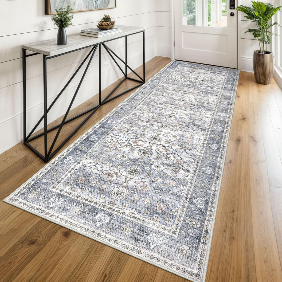 KUTA Vintage Floral Washable 2x3 Rugs for Entryway Blue Grey Beige