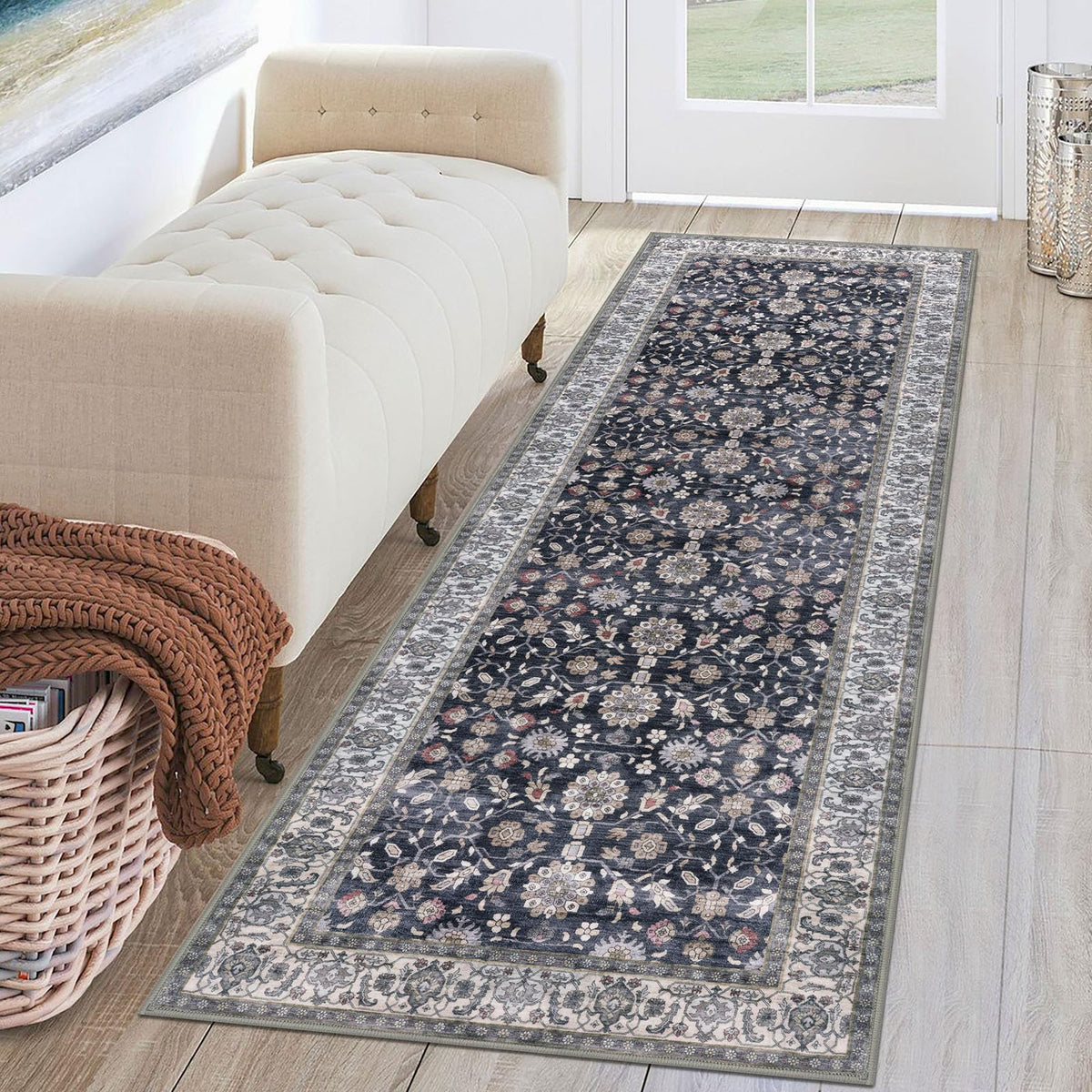 KUTA Vintage Floral Washable 2x3 Rugs for Entryway Blue Grey Beige