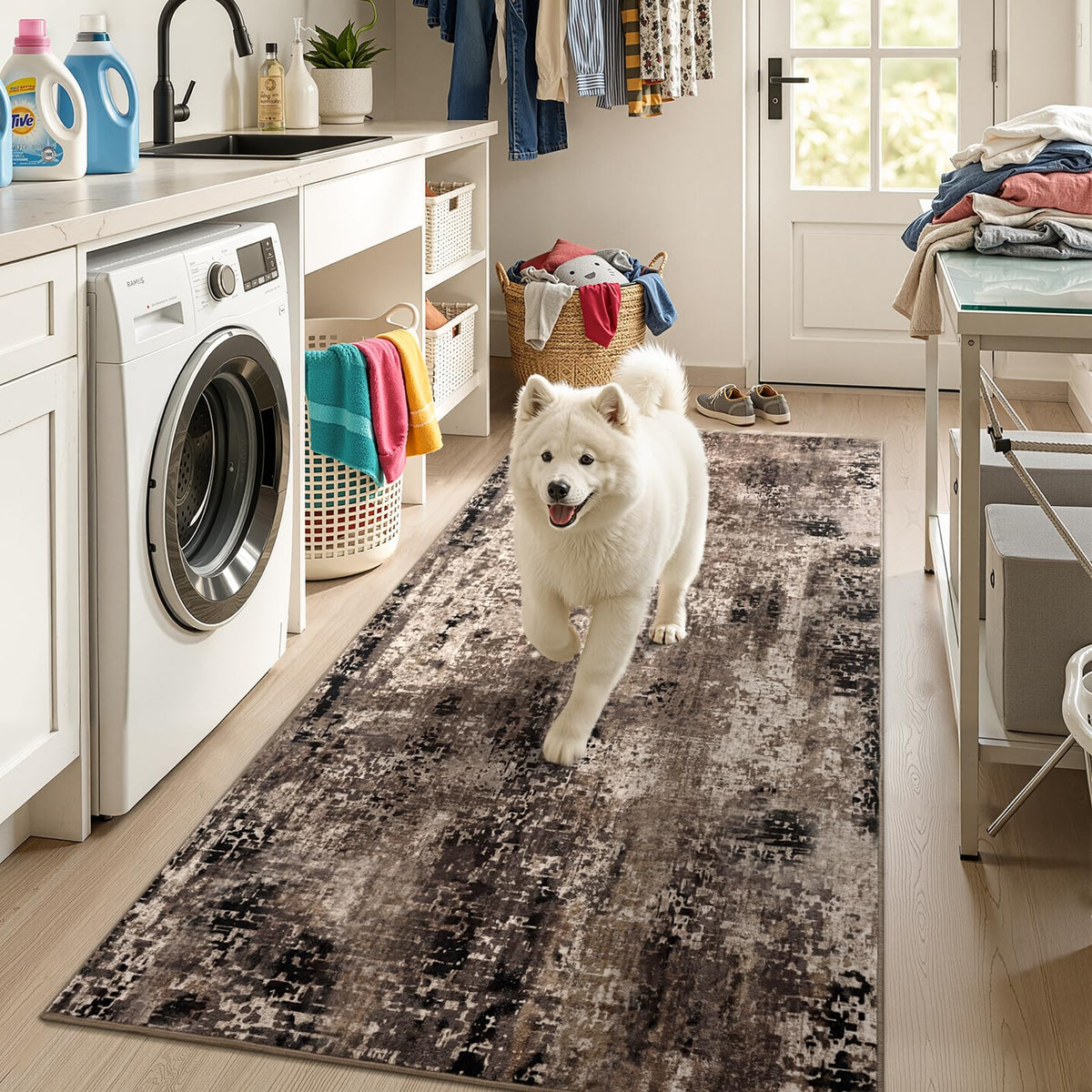 Ompaa 2x6 Rug Runners for Hallways Kitchen Runner Rug Non Slip Washable Grey Long Runner Rugs with Rubber Backing Soft Abstract Carpet Runner for Hallways, Kitchen, Bedroom, Bathroom, Entryway