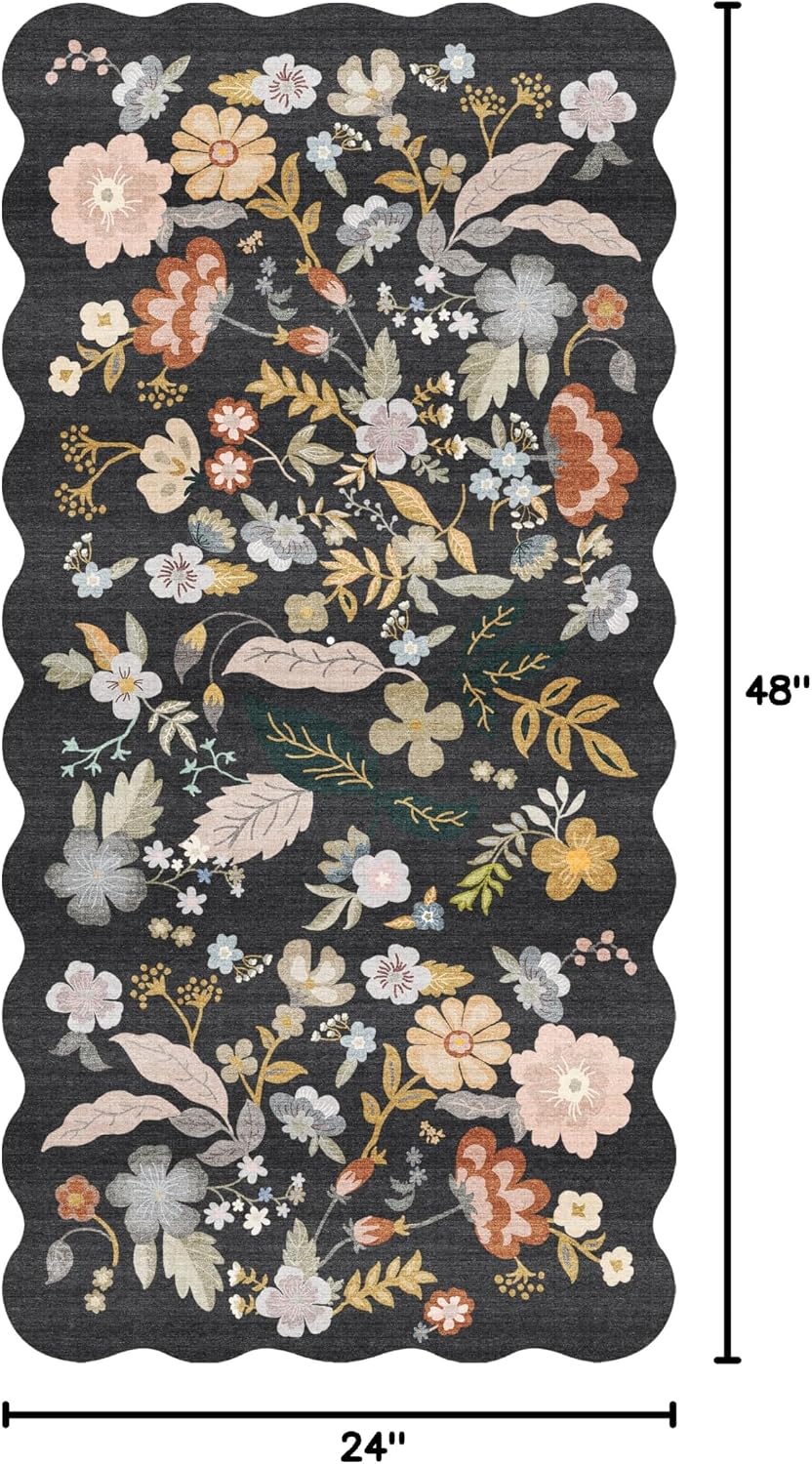 2x4 Rug Washable for Entryway - Non-Slip Scalloped Floral Throw Rug Black