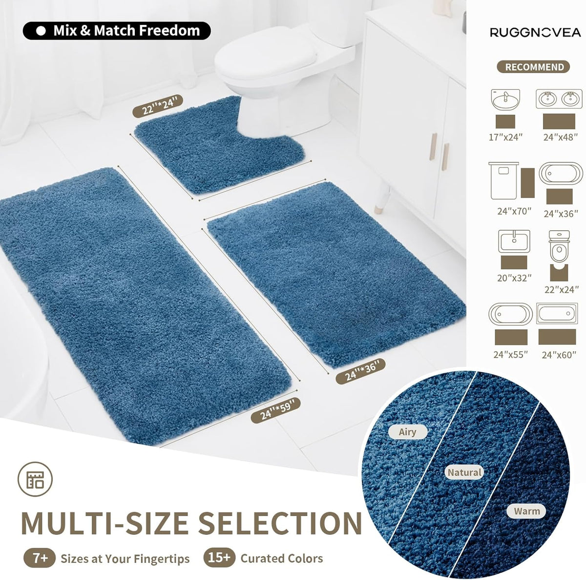 Microfiber Bathroom Rugs 24x17 Absorbent Soft Non Slip, Blue
