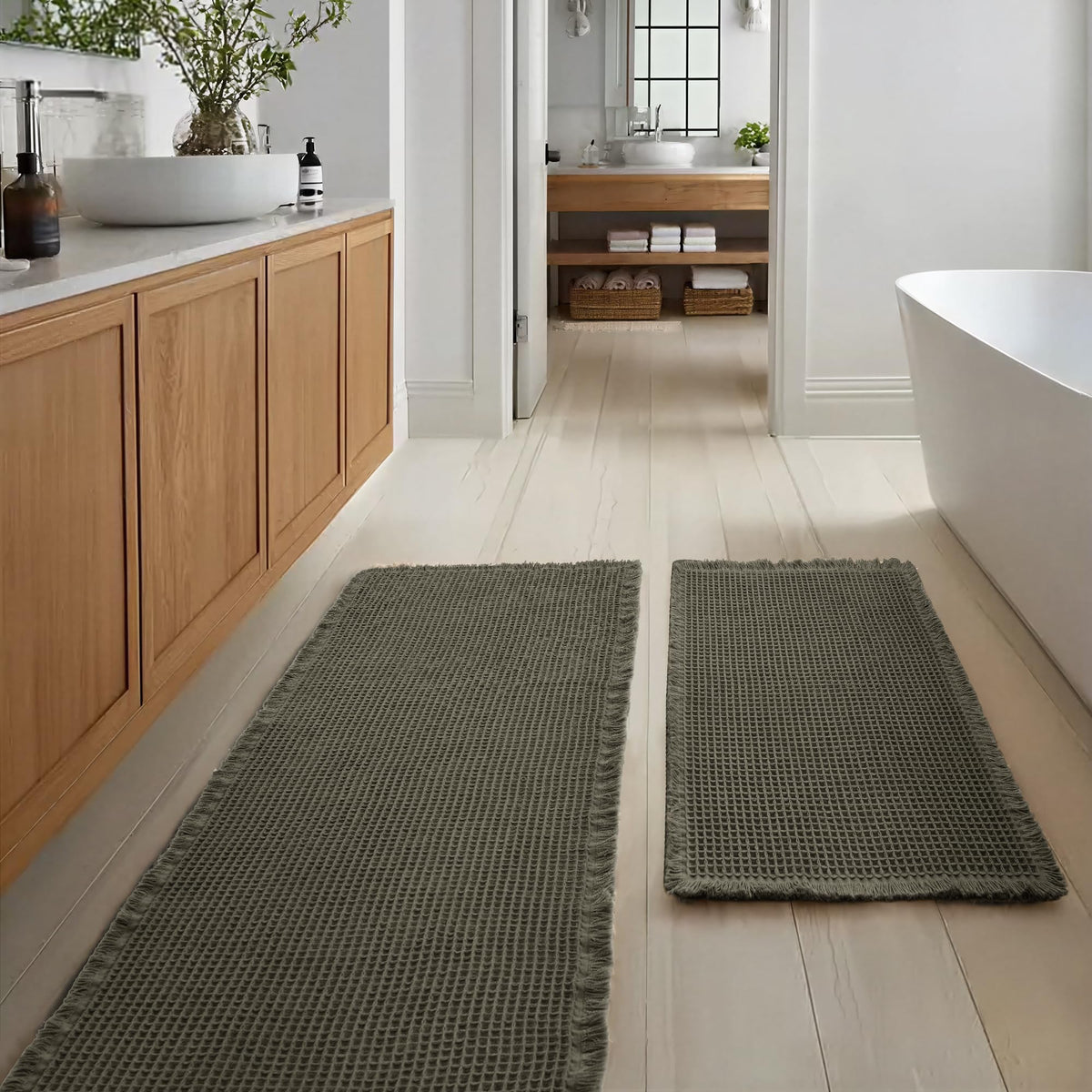 JIUZHEN Set of 2 Waffle Bath Mats Boho Bath Rugs 16"x24"+20"x32", Brown