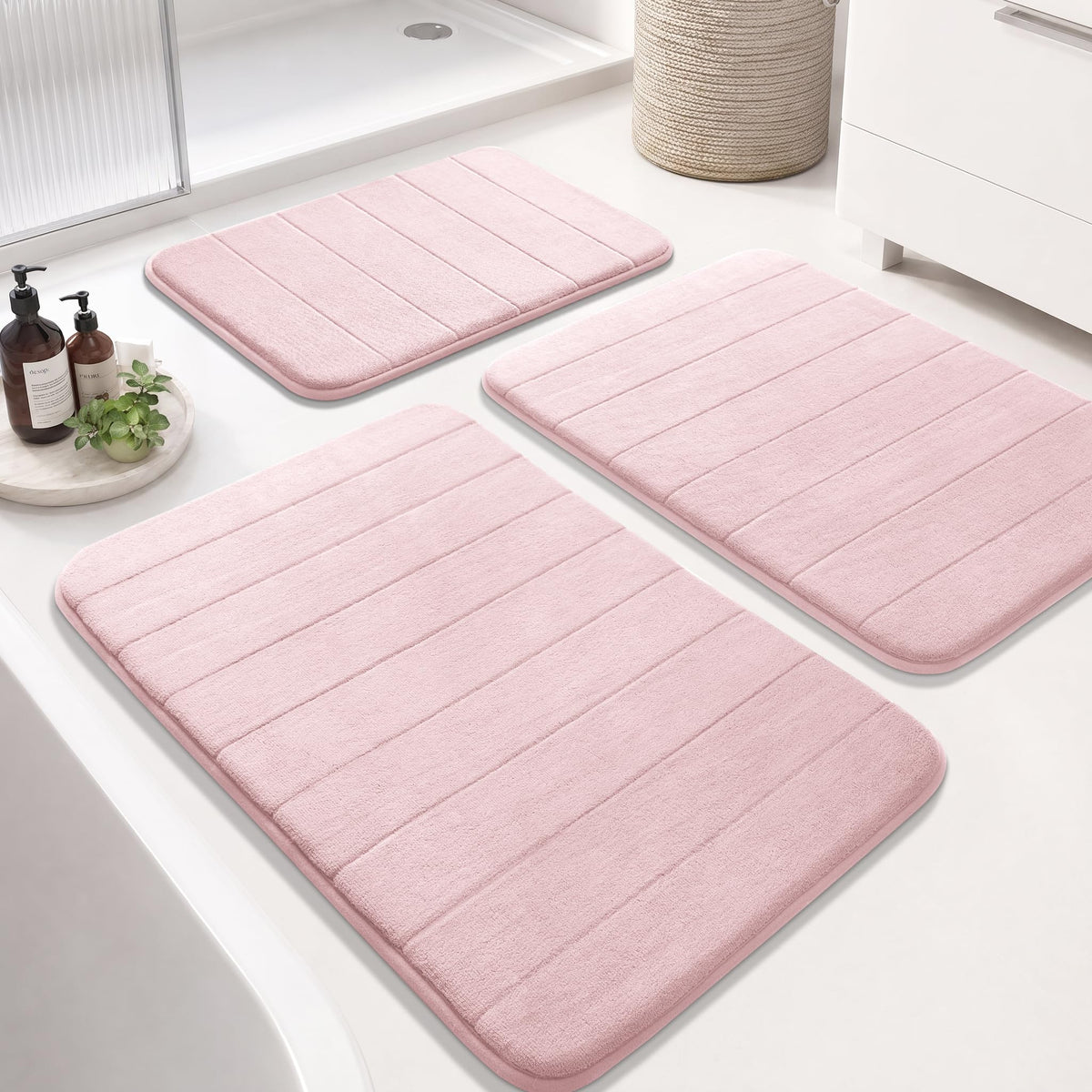Yimobra Memory Foam Bath Mat Set 3 Pieces- Super Soft Absorbent Quick Dry Bathroom Rug Sets, Machine Washable Non Slip Floor Carpet for Tub Shower, Vanity & Toilet Base, Gray