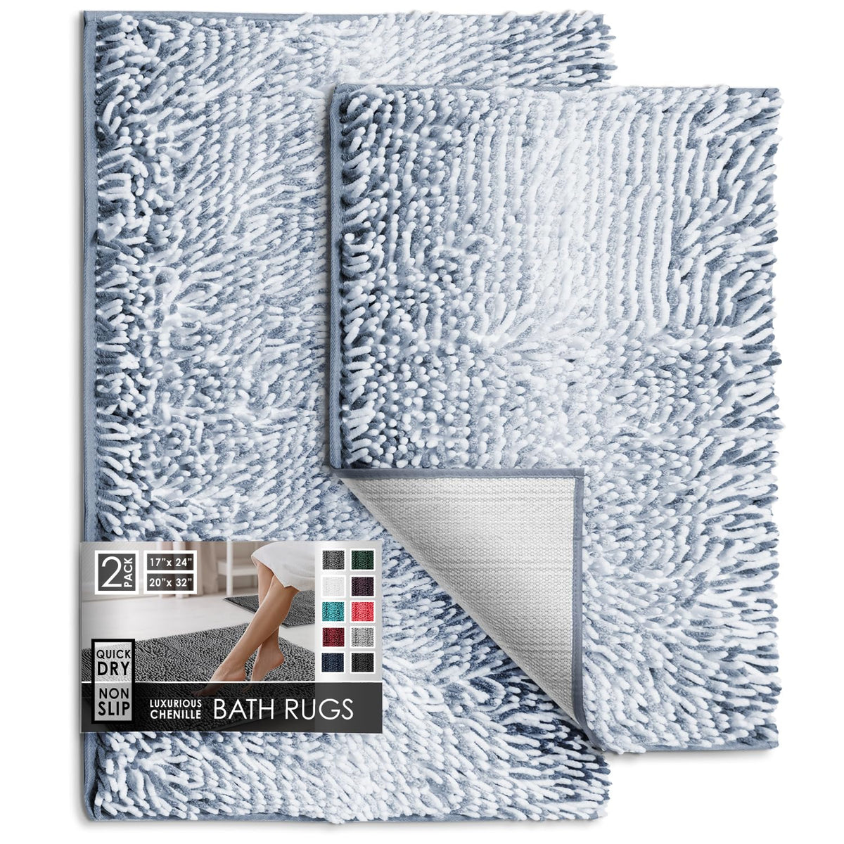 Hearth & Harbor Bathroom Rugs, Chenille Bath Mat - Machine Washable Bath Mats for Bathroom Non-Slip Backing Rubber, Quick Dry Bathroom Mat, 17 x 24 + 20 x 32 - Hunter Green