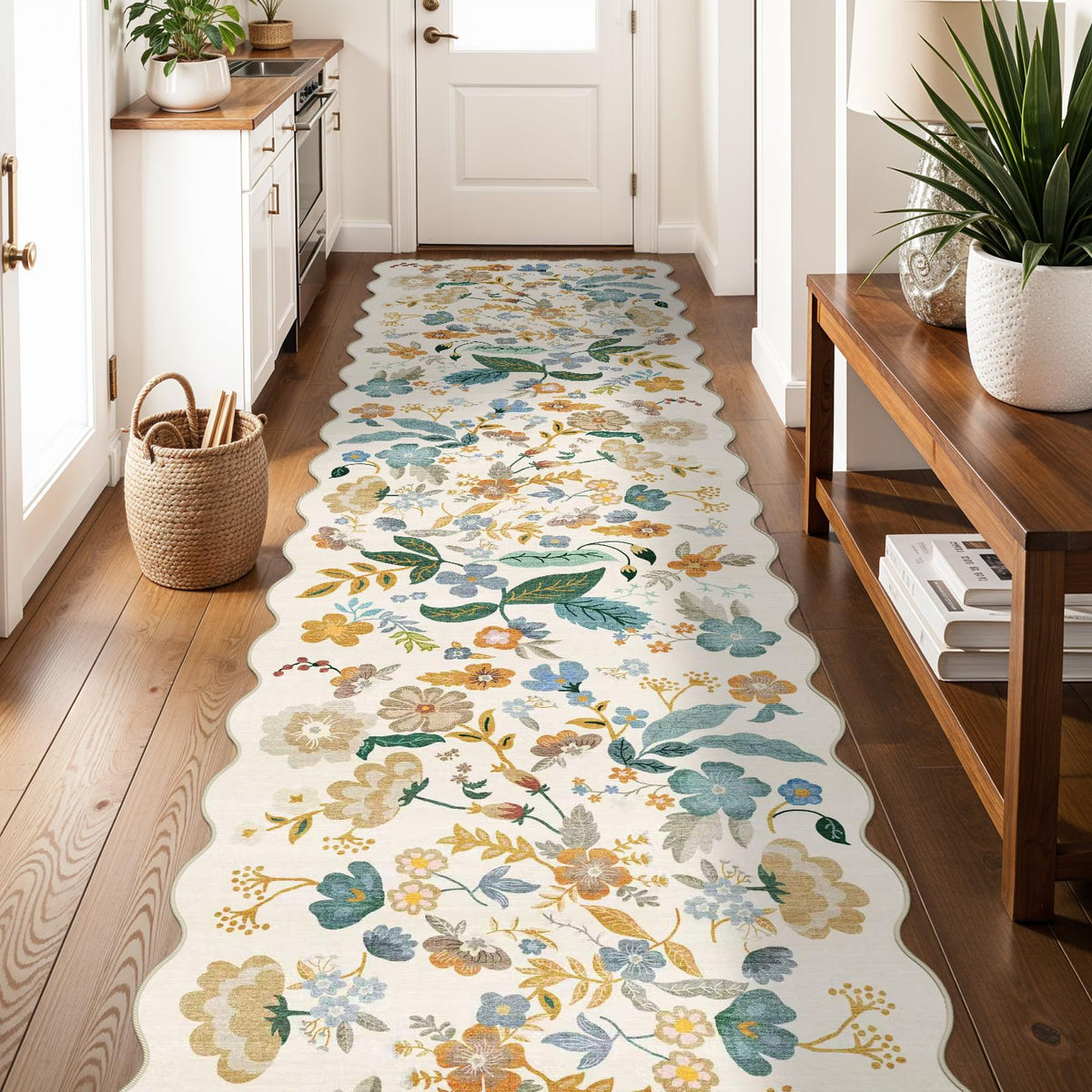 2x4 Rug Washable for Entryway - Non-Slip Scalloped Floral Throw Rug Black
