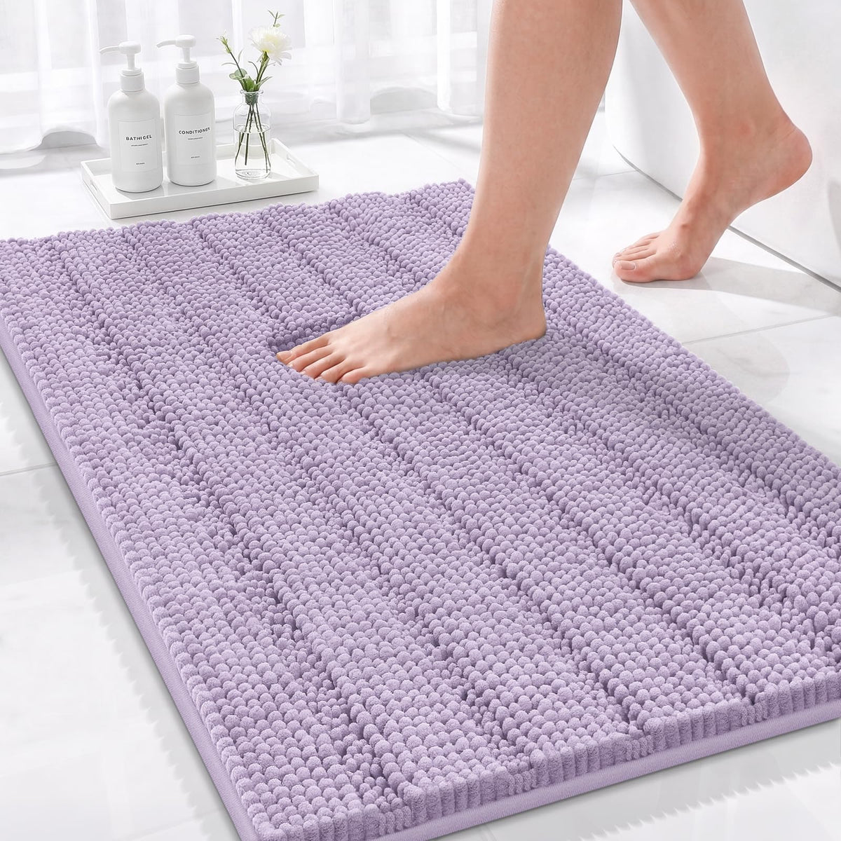 Bcoimo Small Bath Rug Mat,24x17 Chenille Non Slip Gray Bathroom Shower Mat