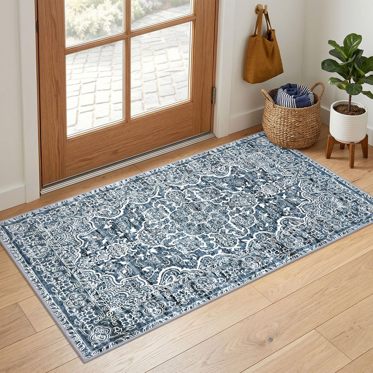 KUTA Entryway Rugs Indoor Washable Small Area Rug 2x3 Blue Entrance Carpet