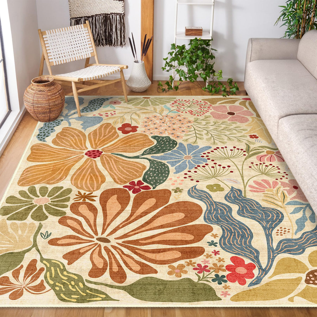 MUJOO Pink Washable 2x6 Runner Rugs Floral Area Rugs Non Slip Low-Pile