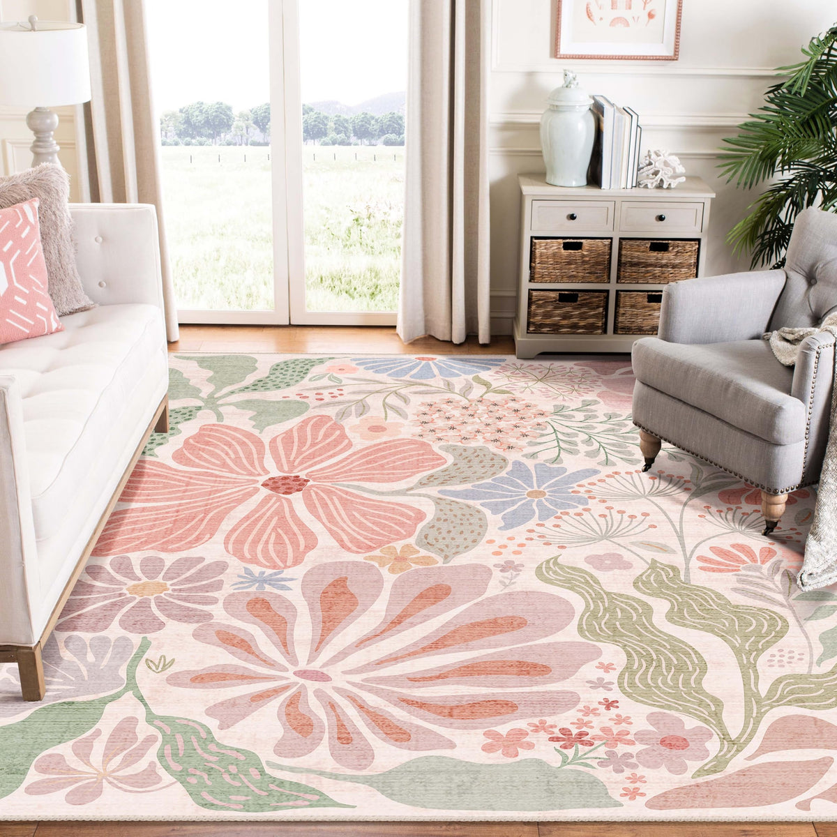 MUJOO Pink Washable 2x6 Runner Rugs Floral Area Rugs Non Slip Low-Pile