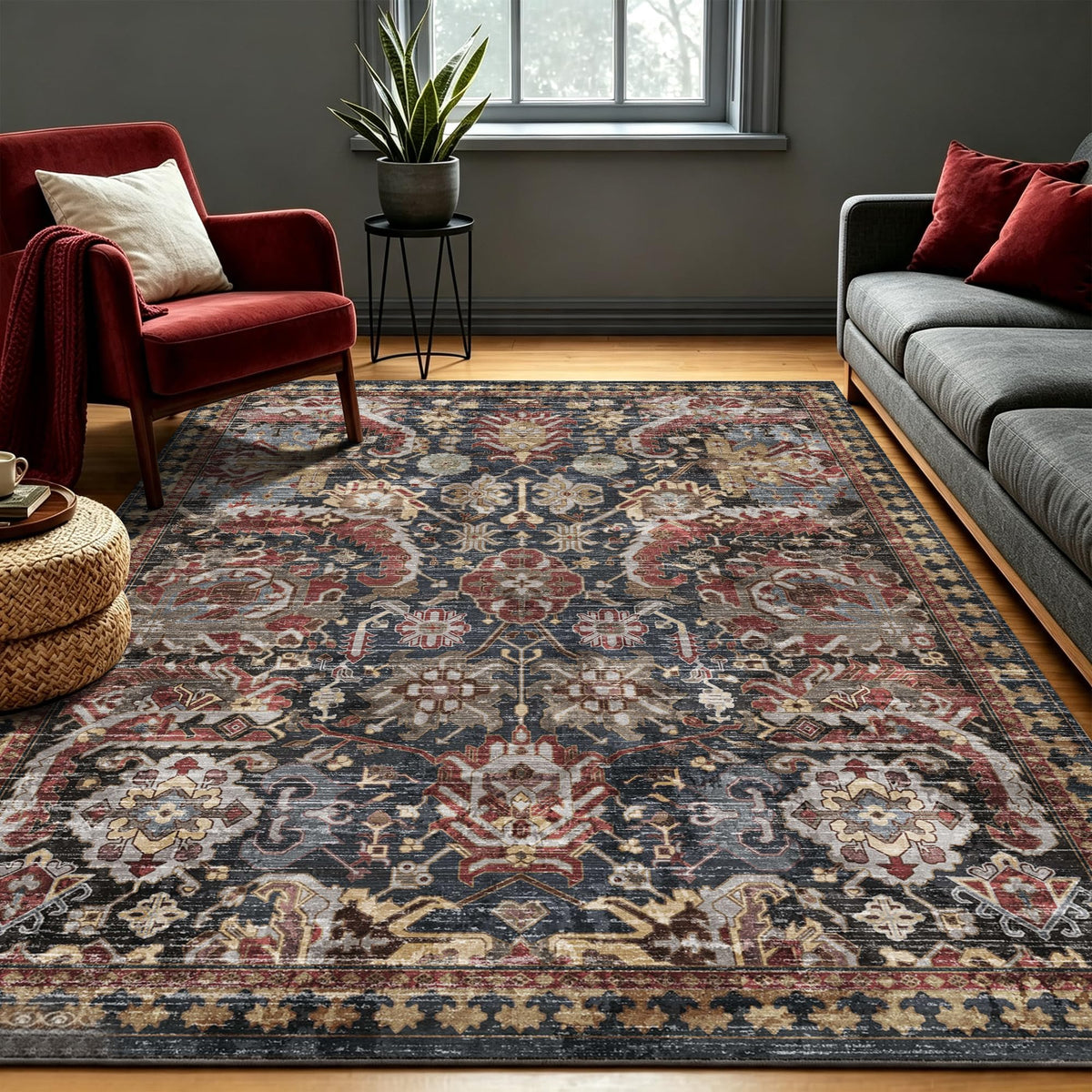 RUGSURE Washable Area Rugs - Perfect for Living Room, Bedroom, Kids Room, Nursery - Stain & Water Resistant Non-Slip, Pet & Child Friendly, Vintage Tribal Area Rugs (Green, 3' x 5 ')