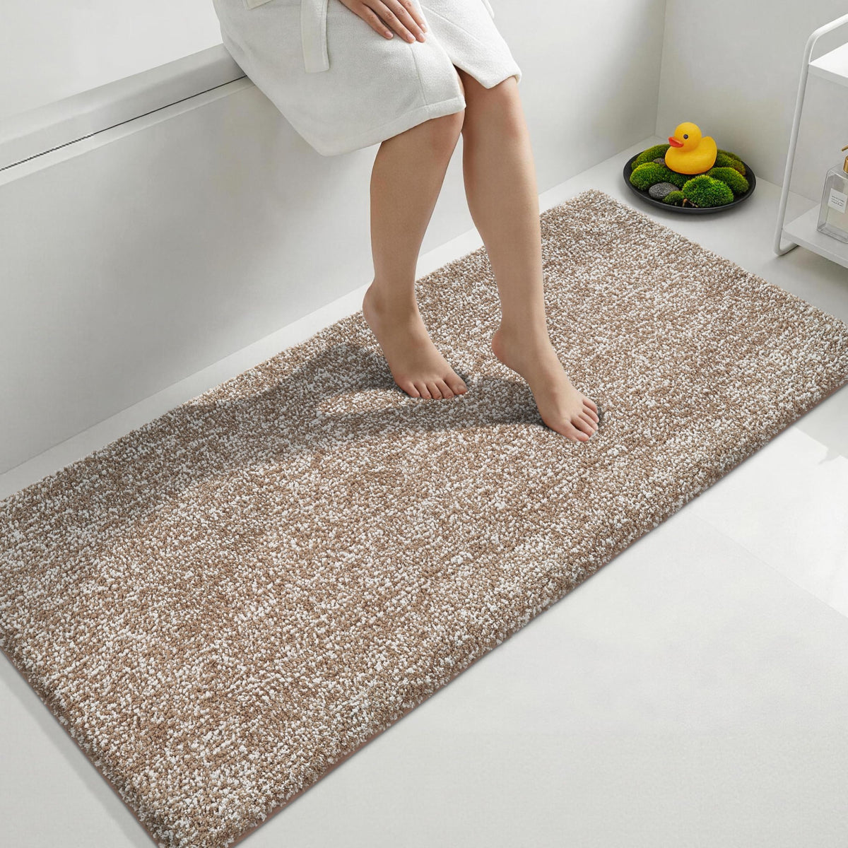 Yimobra Non Slip Machine Washable Bathroom Rug 24x17 Light Beige and White