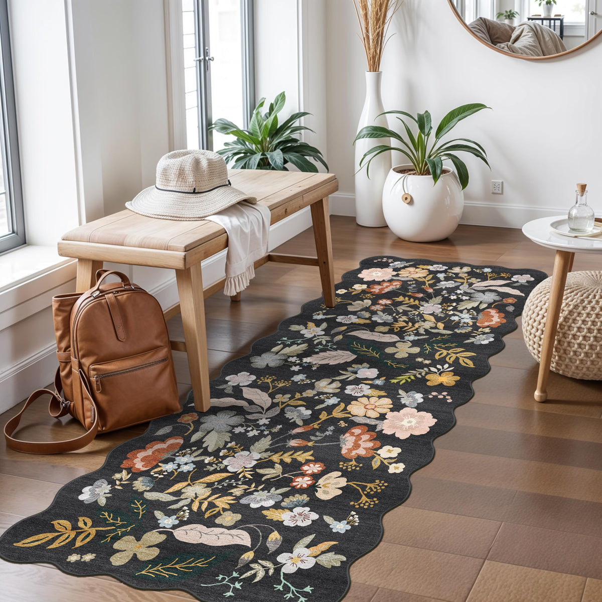 2x4 Rug Washable for Entryway - Non-Slip Scalloped Floral Throw Rug Black