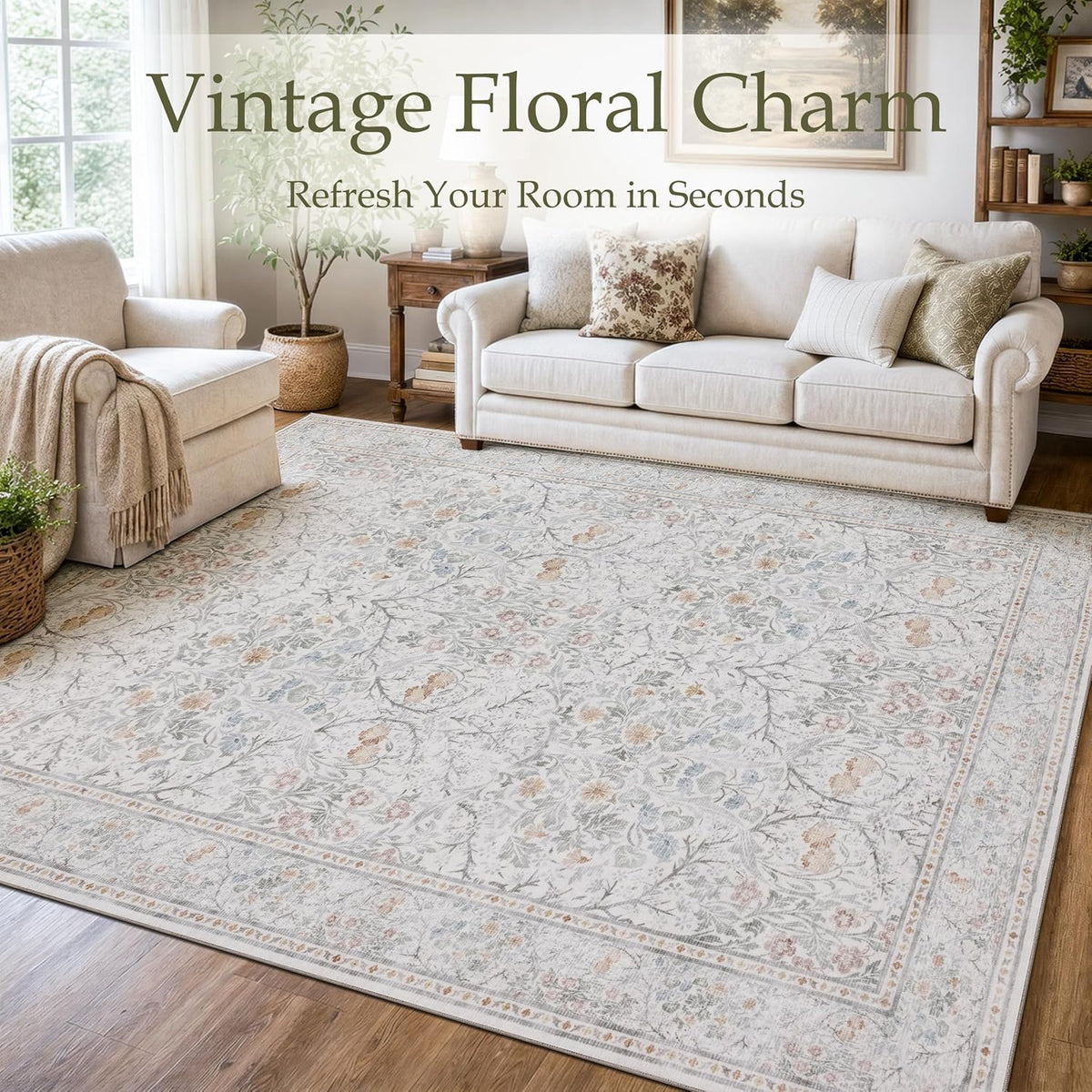 JOLLYVOGUE Entryway Rug, 2x3 Washable Vintage Floral Rug, Beige