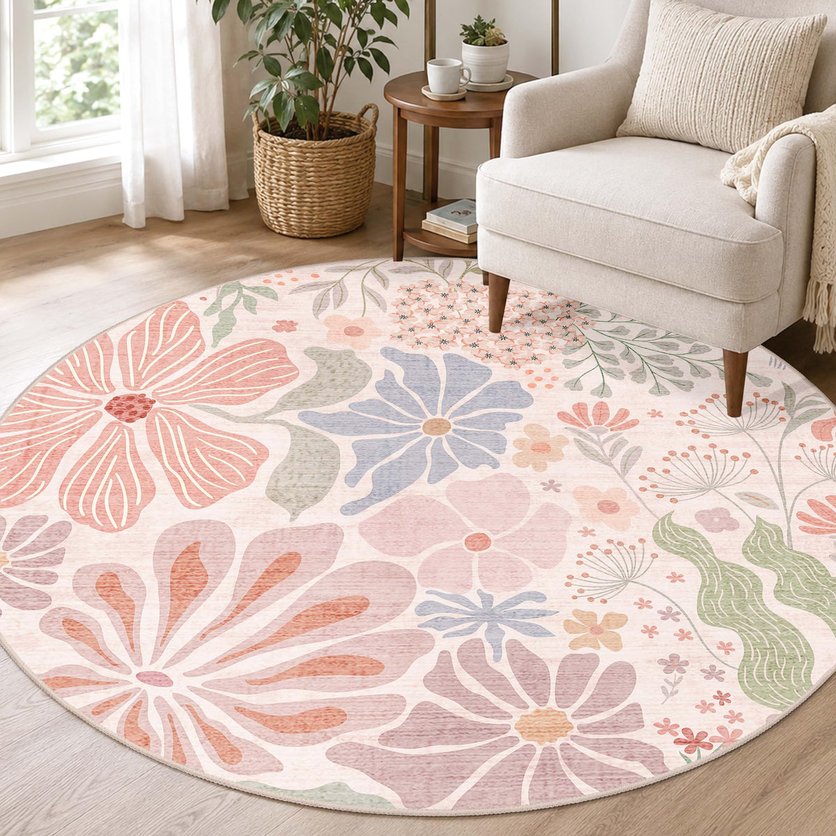 MUJOO Pink Washable 2x6 Runner Rugs Floral Area Rugs Non Slip Low-Pile