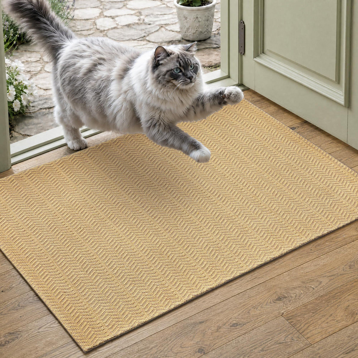 MatEssenz 2x4 ft Faux Linen Accent Rug, Washable Woven Textured Small Area Carpet for Bedside Porch, Slip Resistant Gel Backing Indoor Floor Mat for Bedroom Dorm, Khaki