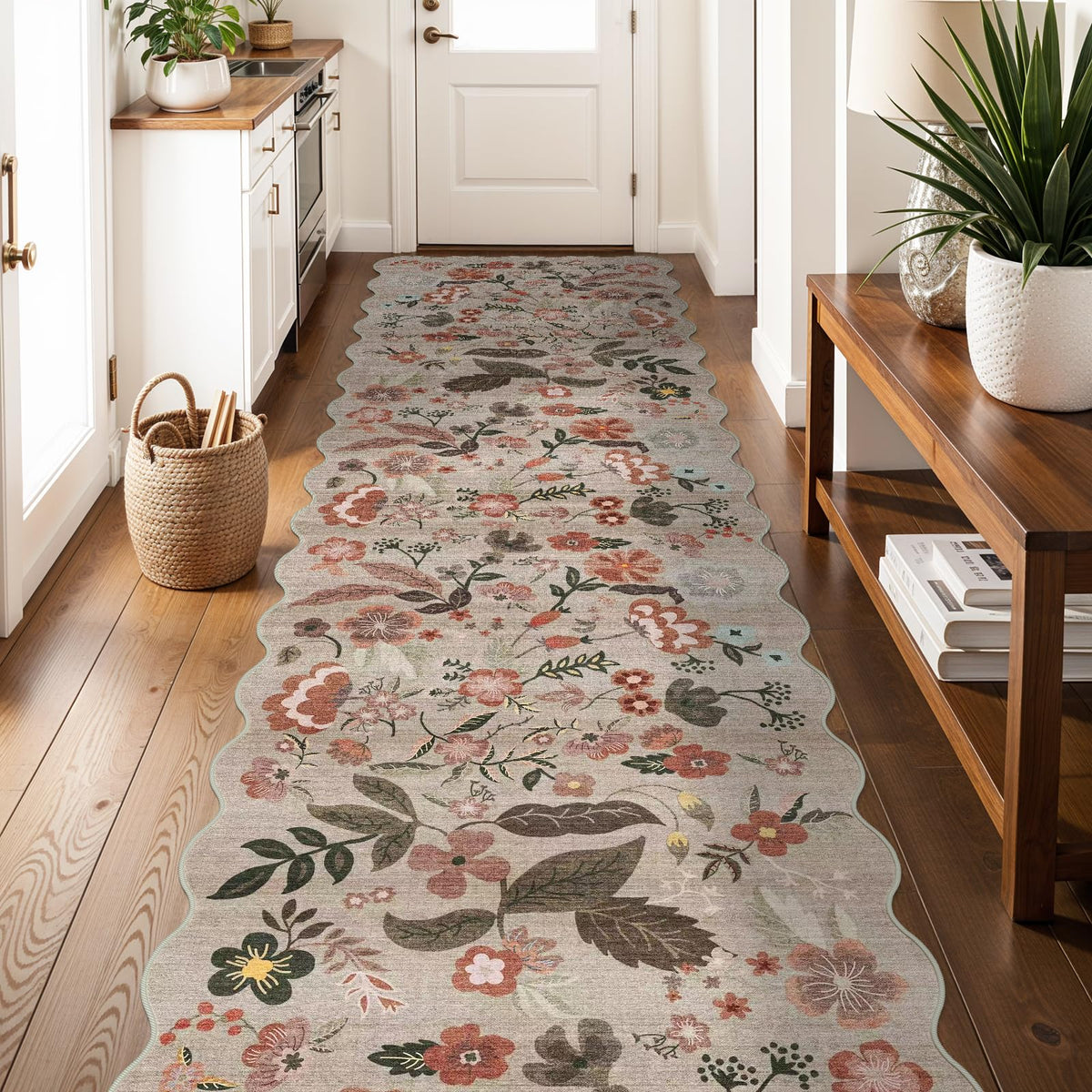 2x4 Rug Washable for Entryway - Non-Slip Scalloped Floral Throw Rug Black