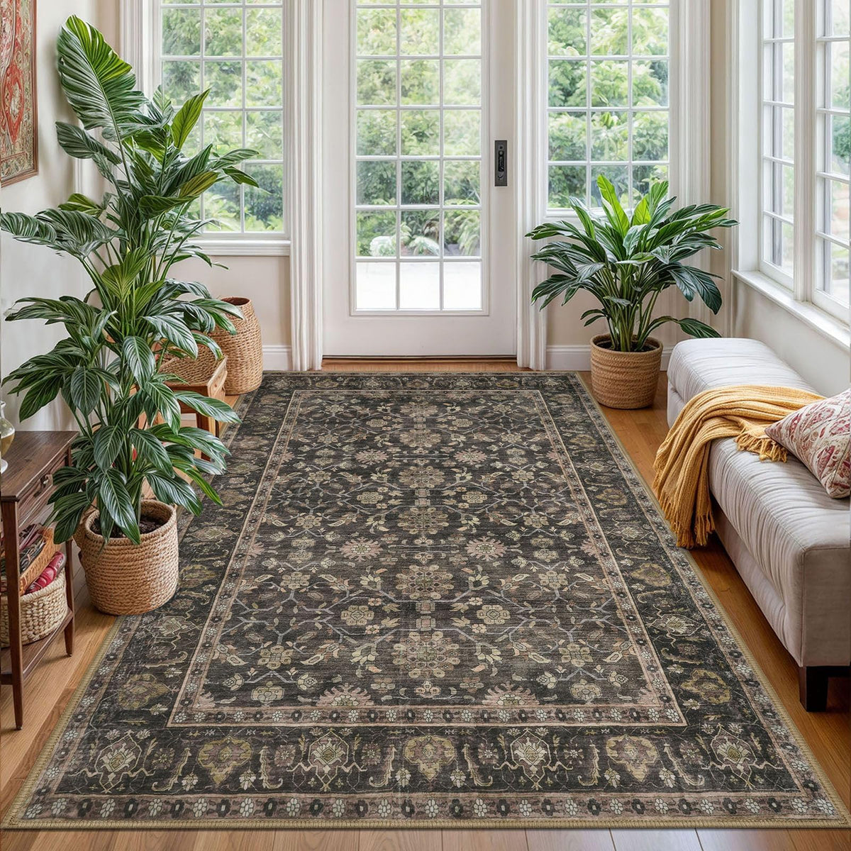 KUTA Vintage Floral Washable 2x3 Rugs for Entryway Blue Grey Beige