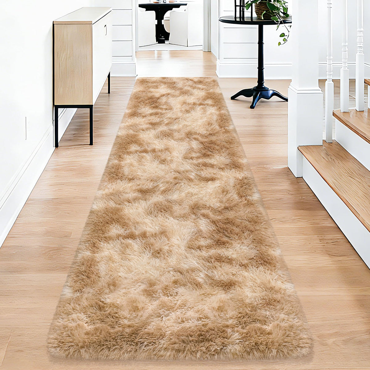 Soft Fluffy Beige Runner Rug for Bedroom, Bedside Long Rug Runner