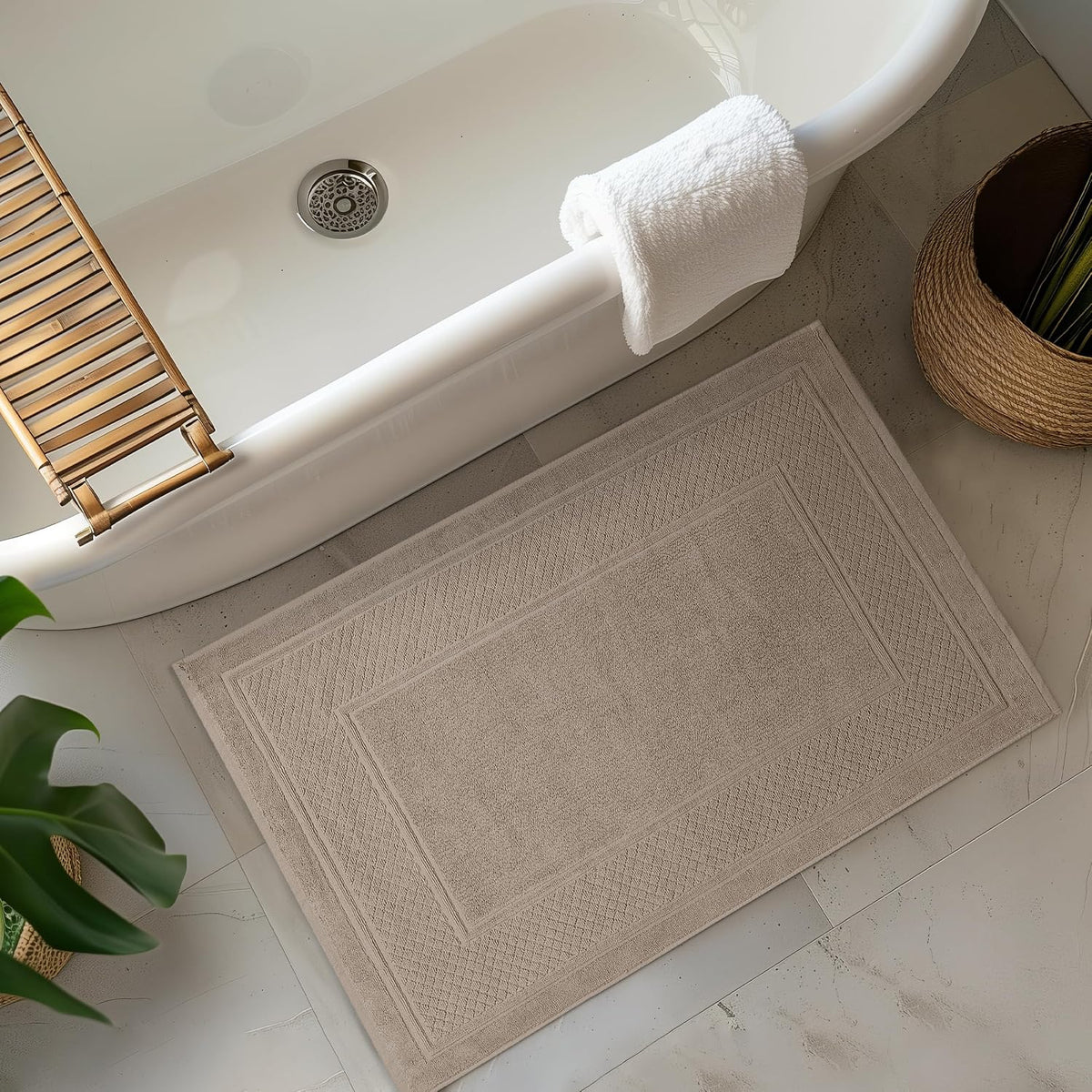 Avalon Towels Beige Bath Mat - 100% Cotton Set of 2 Absorbent Bathmat - Bathroom Mats Quick Dry Bath Mats for Bathrooms (22x34 Inches)