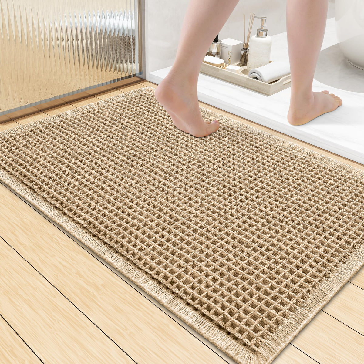 Smiry Waffle Bath Mat 30X20, Extra Soft Absorbent Bathroom Rugs, Brown
