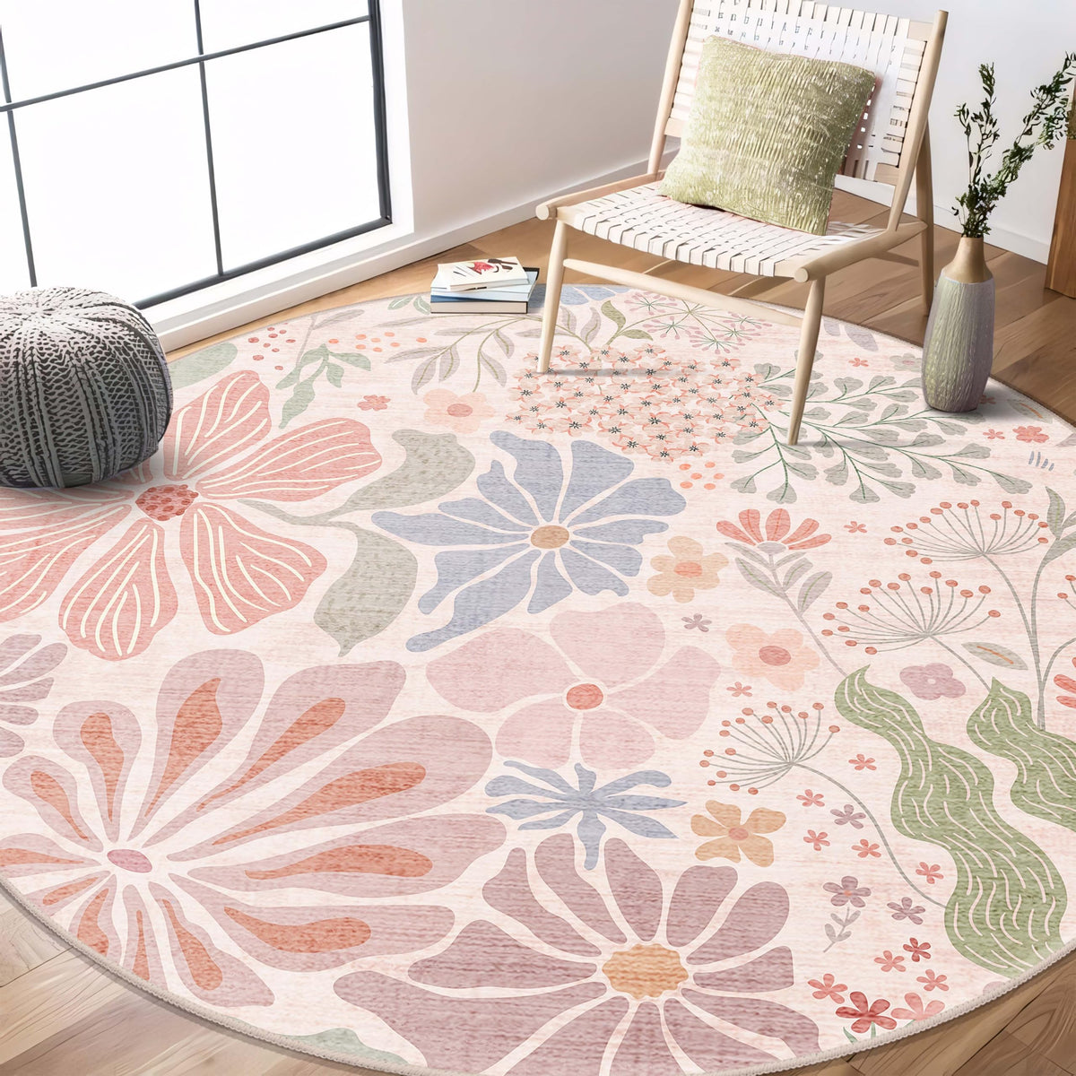 MUJOO Pink Washable 2x6 Runner Rugs Floral Area Rugs Non Slip Low-Pile