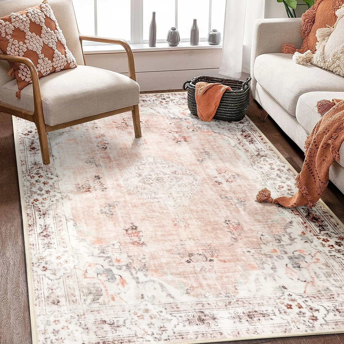 MUJOO Pink Rug 3x5 Washable,Boho Area Rugs Small Non Slip Low-Pile Floral